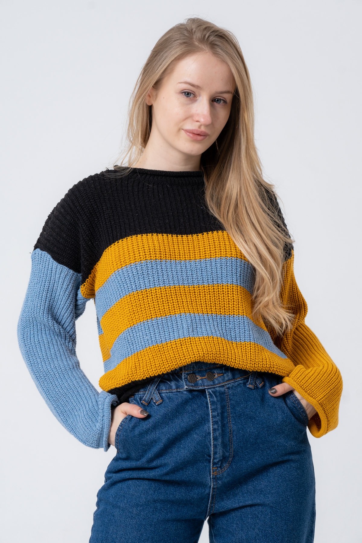 Kadın Bisiklet Yaka Çizgili Uzun Kollu Triko Kazak