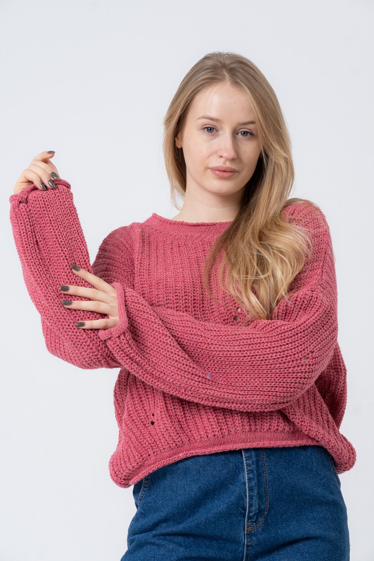 Kadın Pembe Geniş Uzun Kollu Triko Kazak