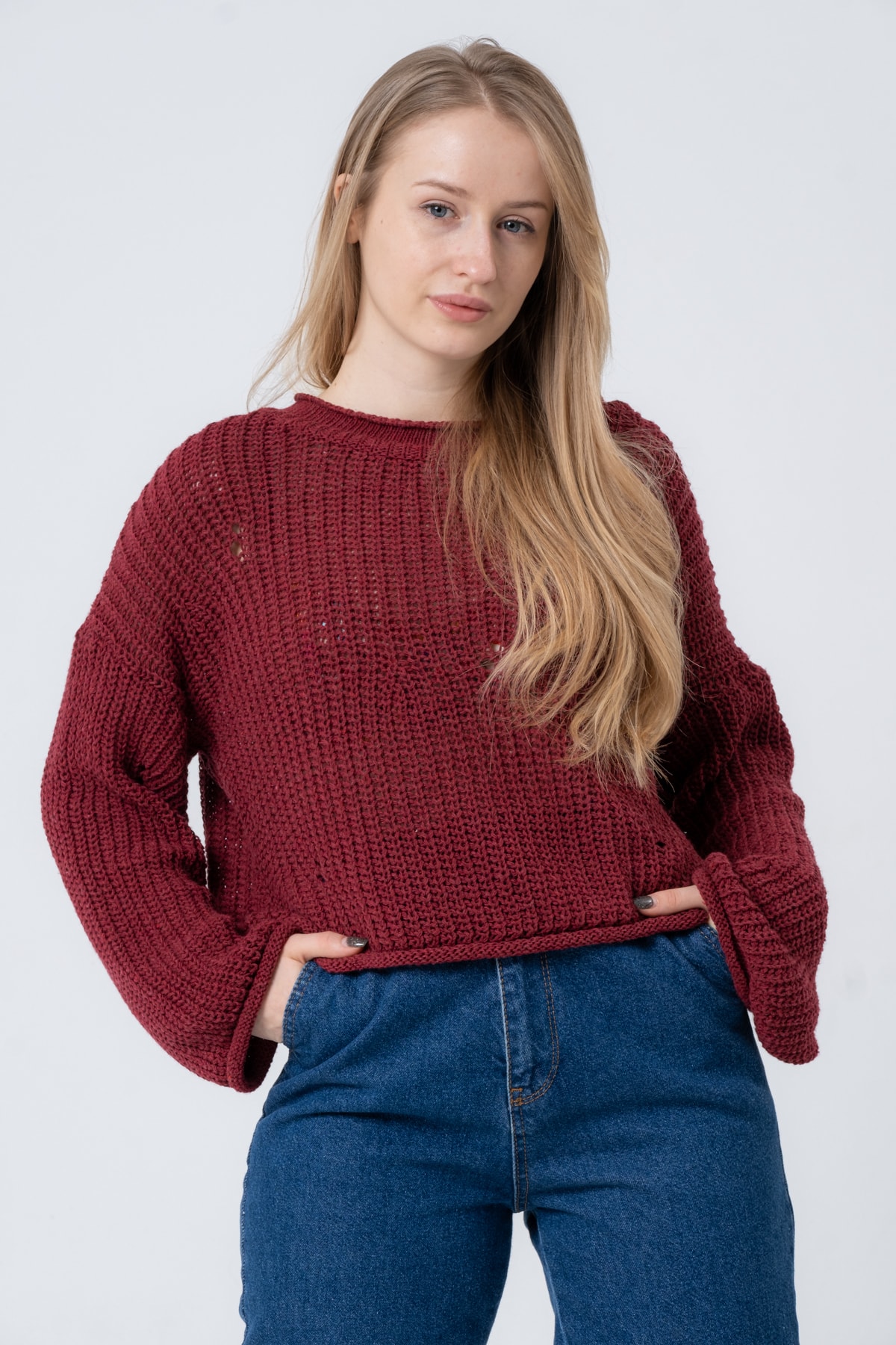 Kadın Pembe Geniş Uzun Kollu Triko Kazak