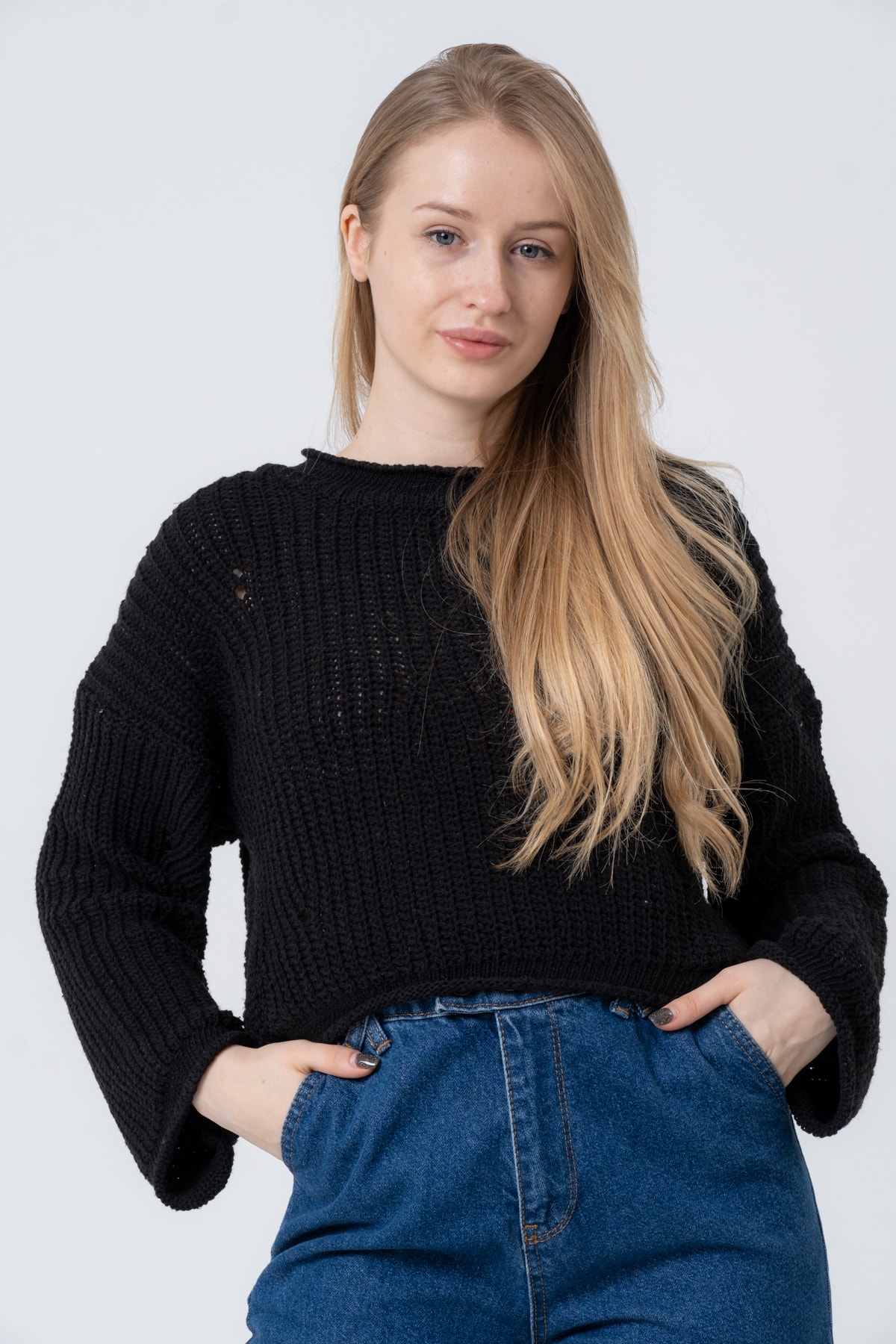 Kadın Pembe Geniş Uzun Kollu Triko Kazak