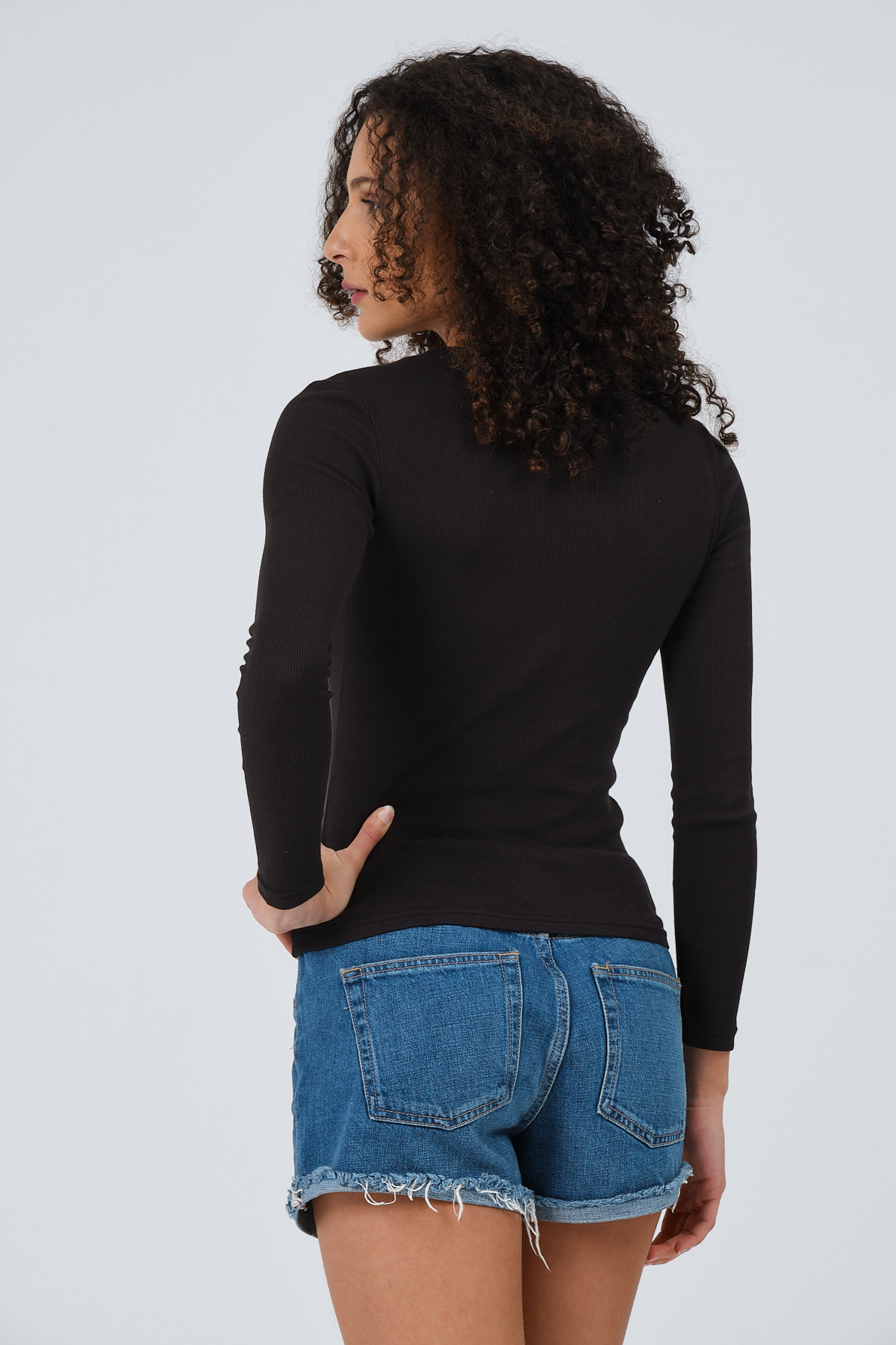 Kadın Gül Kurusu Tam Boy Uzun Kollu Bisiklet Yaka Fitilli T-shirt Bluz