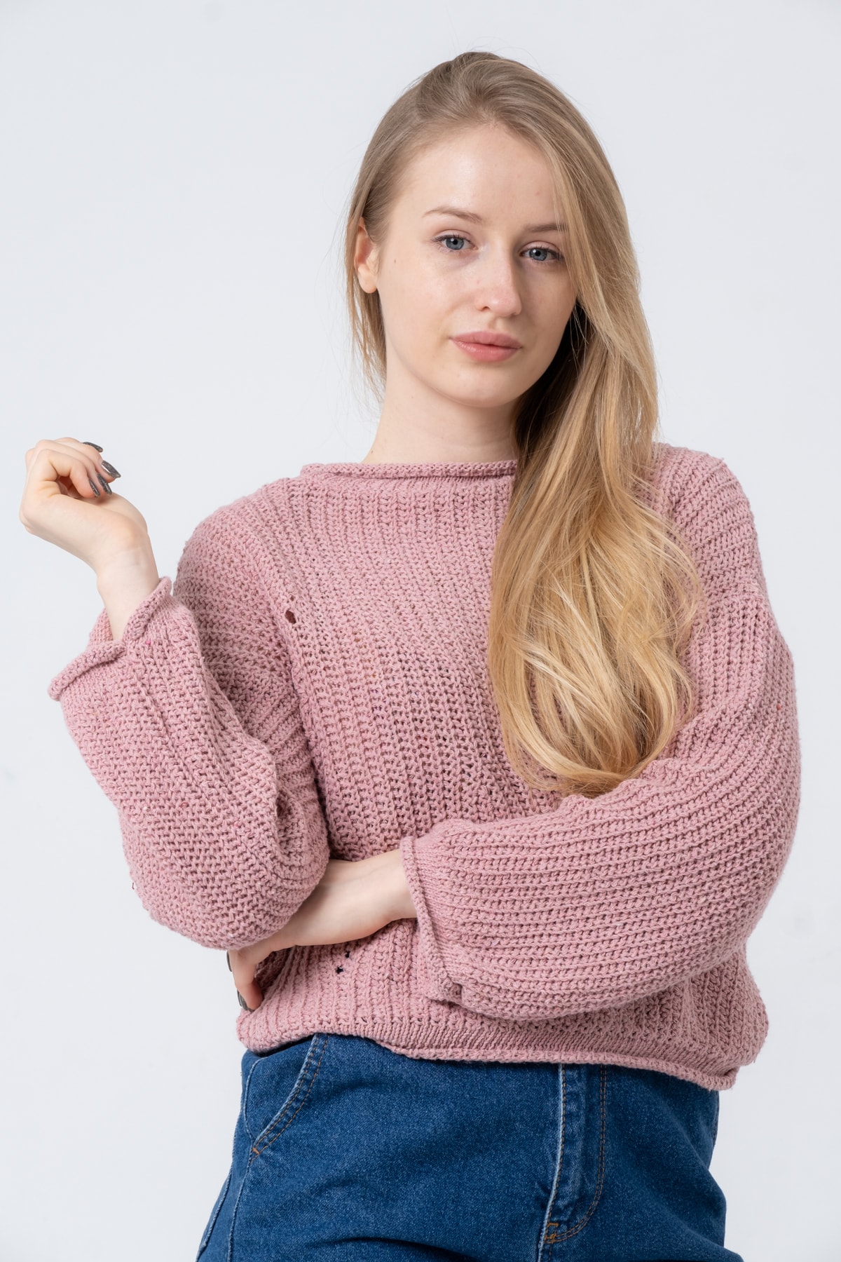 Kadın Pembe Geniş Uzun Kollu Triko Kazak