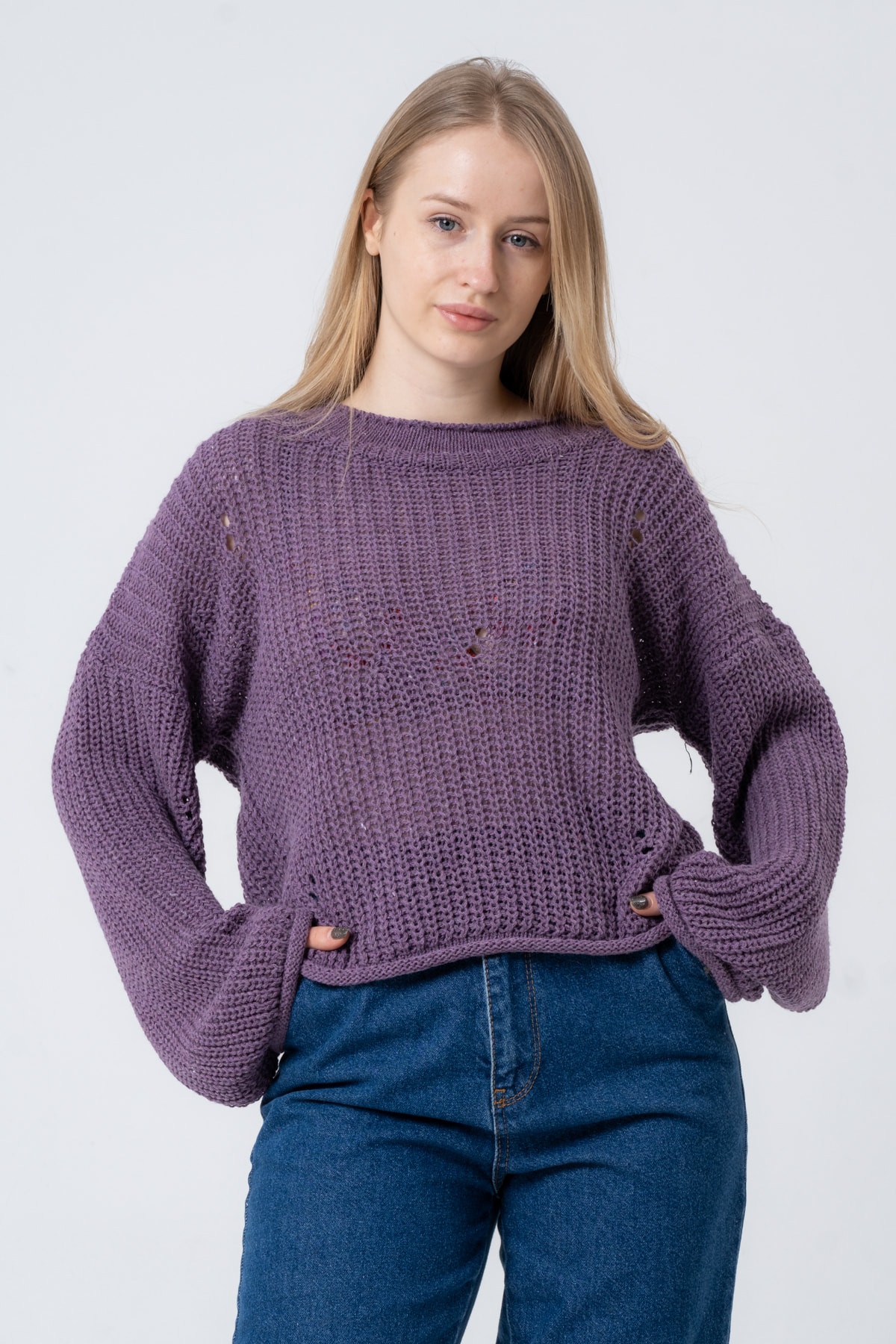 Kadın Pembe Geniş Uzun Kollu Triko Kazak