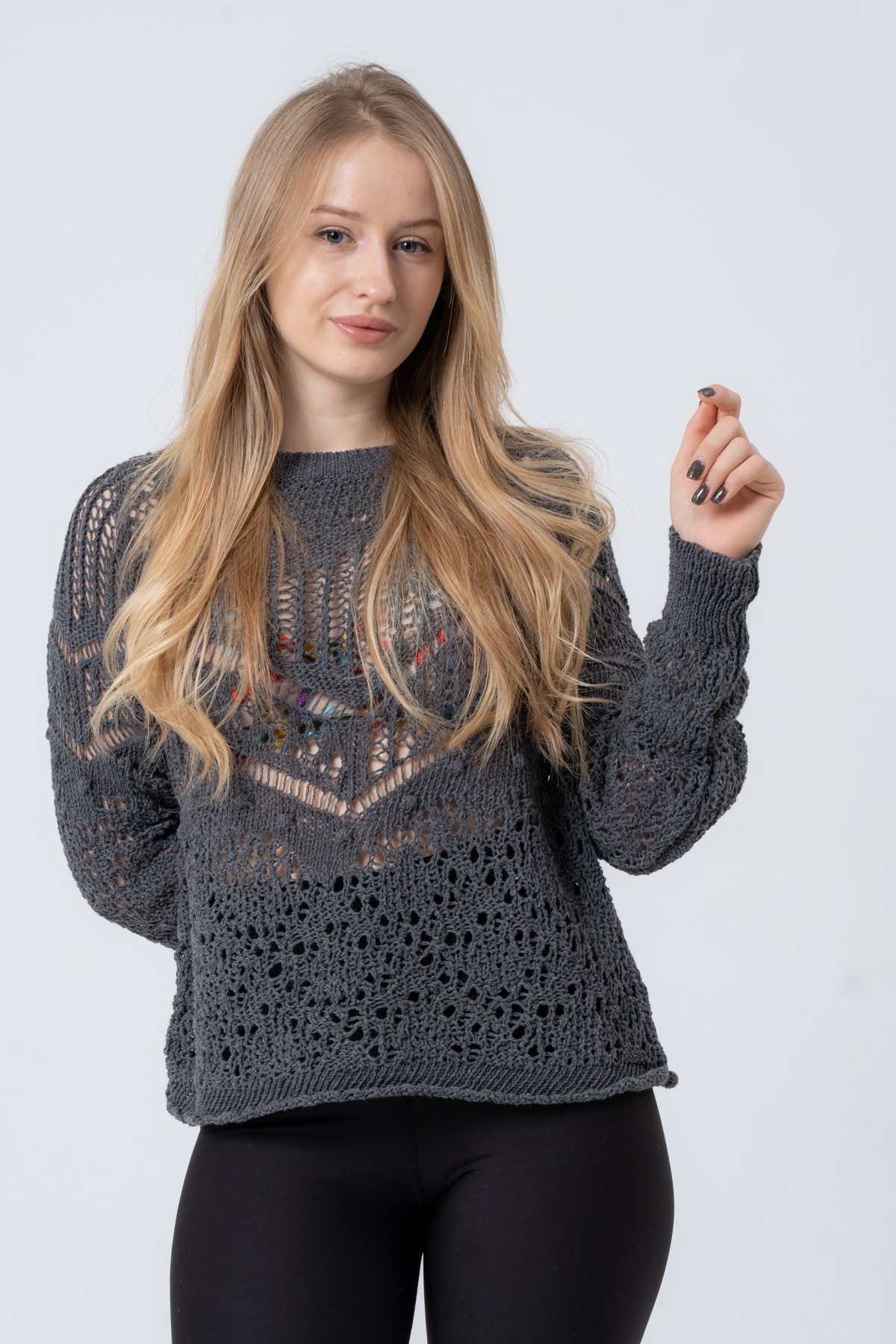 Kadın Antrasit Ajurlu Uzun Kollu Triko Kazak