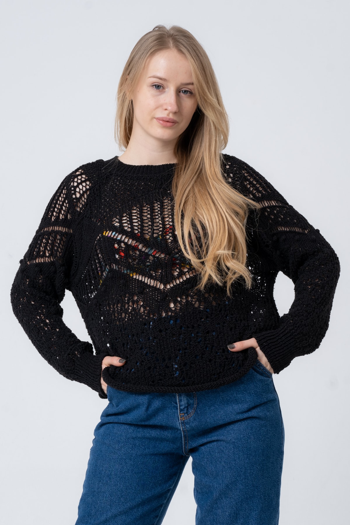 Kadın Antrasit Ajurlu Uzun Kollu Triko Kazak