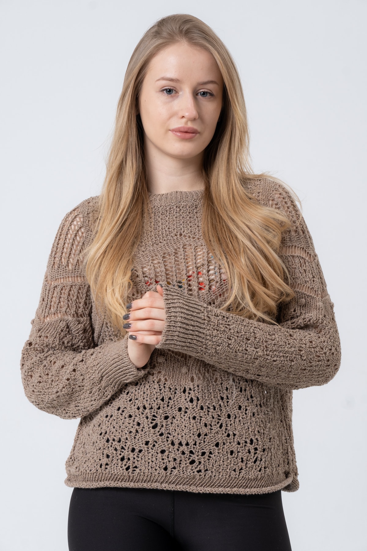 Kadın Antrasit Ajurlu Uzun Kollu Triko Kazak