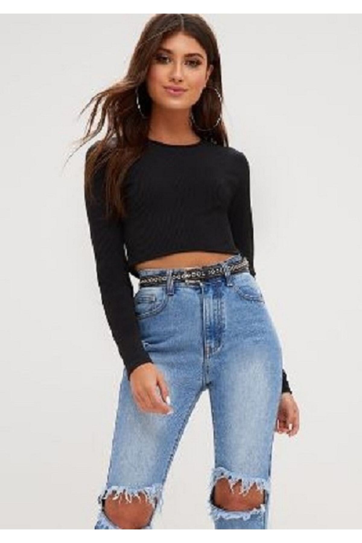 Kadın Uzun Kol Crop Kaşkorse Fitilli Kumaş % 95 Pamuk %5 Ea