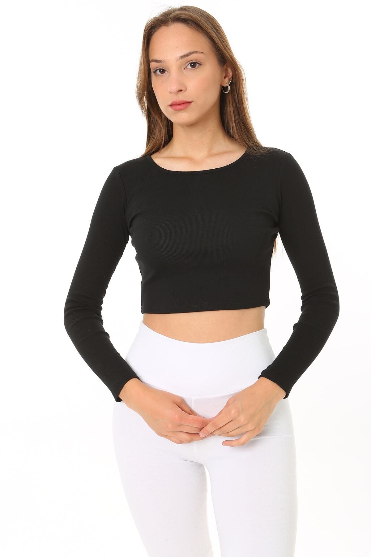 Kadın Uzun Kol Crop Kaşkorse Fitilli Kumaş % 95 Pamuk %5 Ea