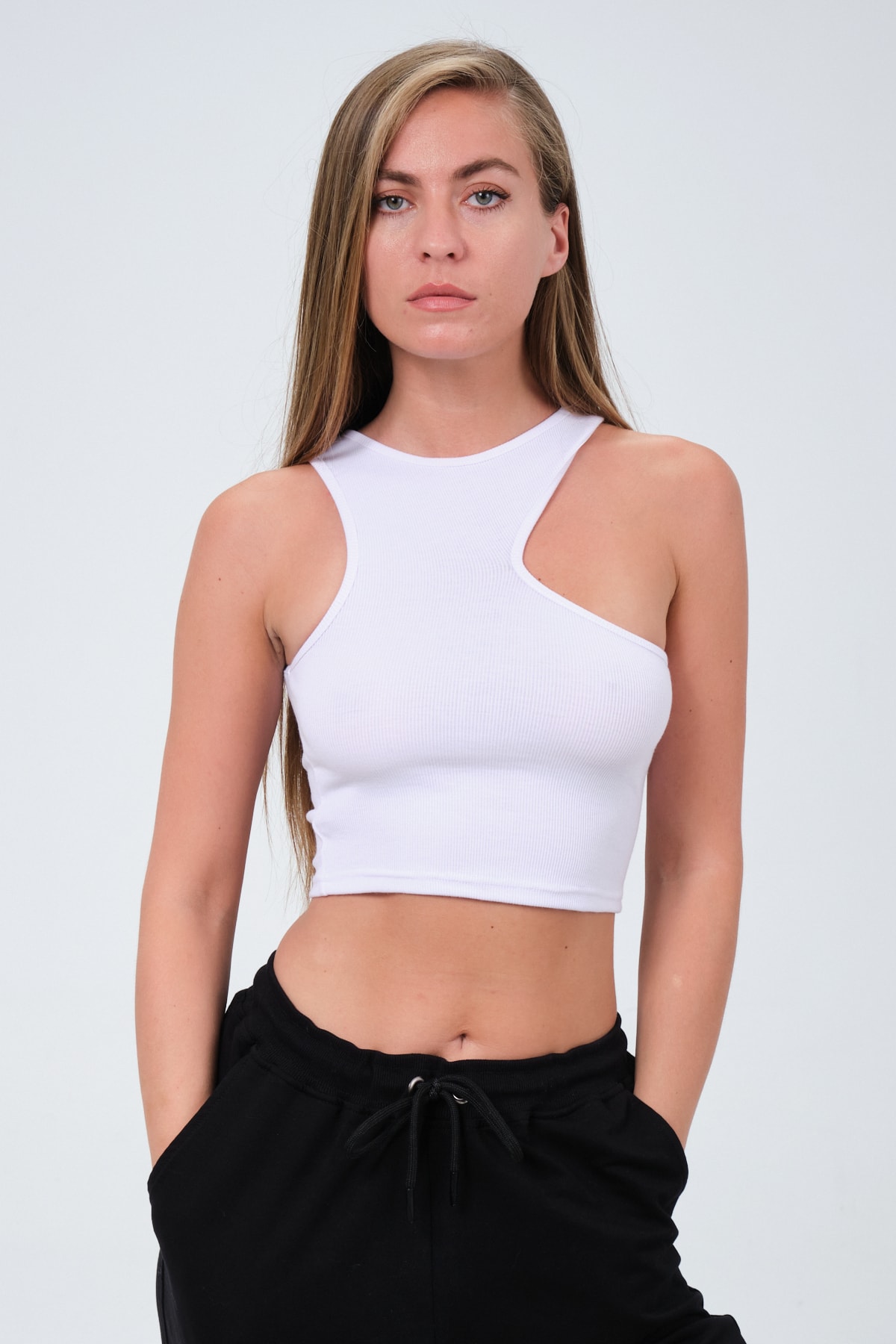 Kadın Mint Bisiklet Yaka Önü Dekolte Örme Crop Bluz