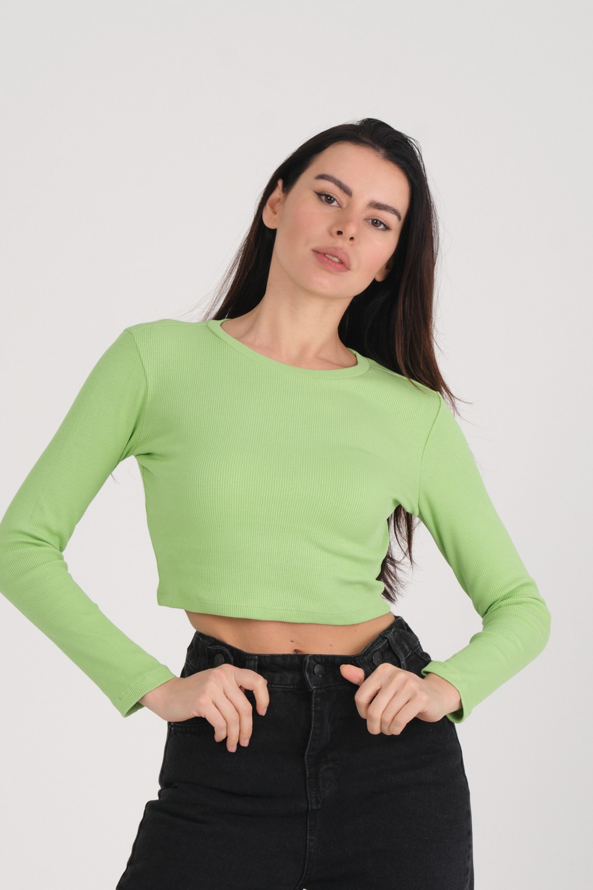 Kadın Mint Uzun Kollu Crop Sweatshirt