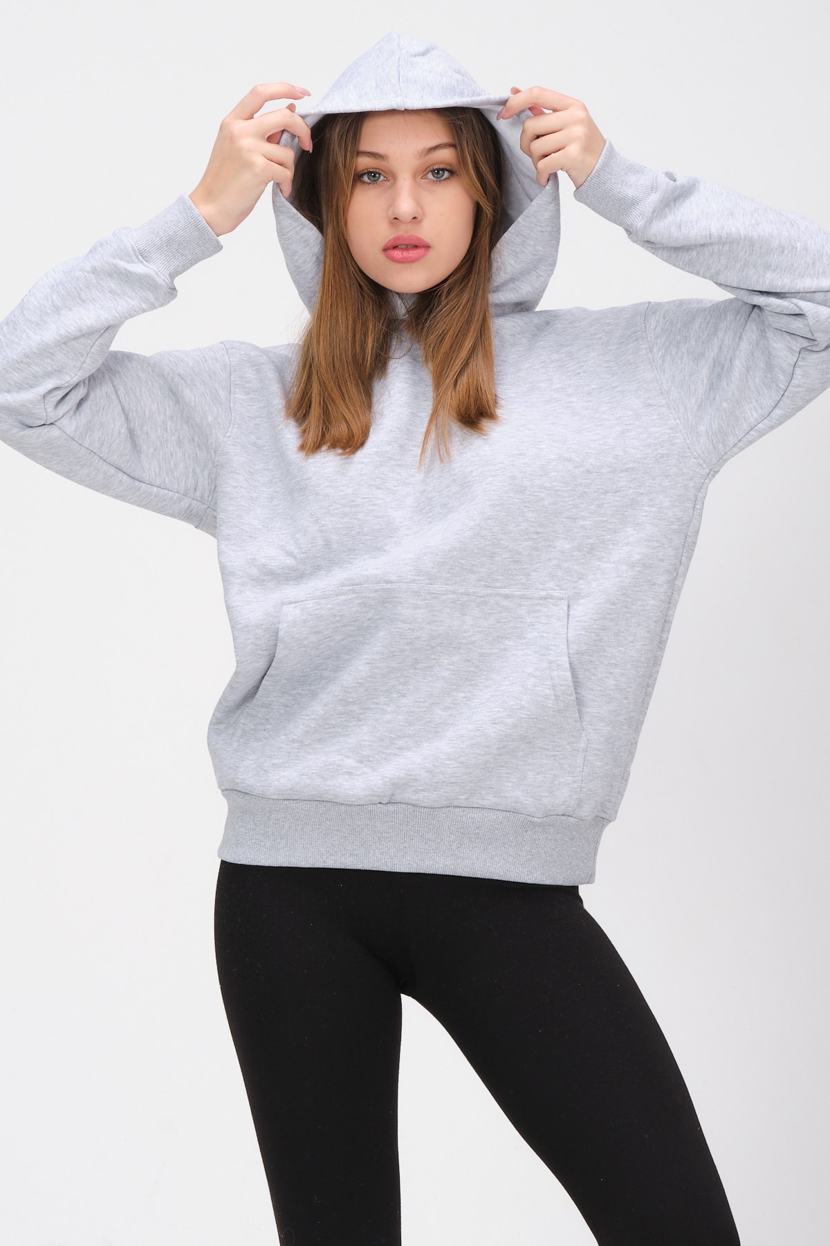 Kadın Gri Kapüşonlu Içi Polarlı Oversize Sweat