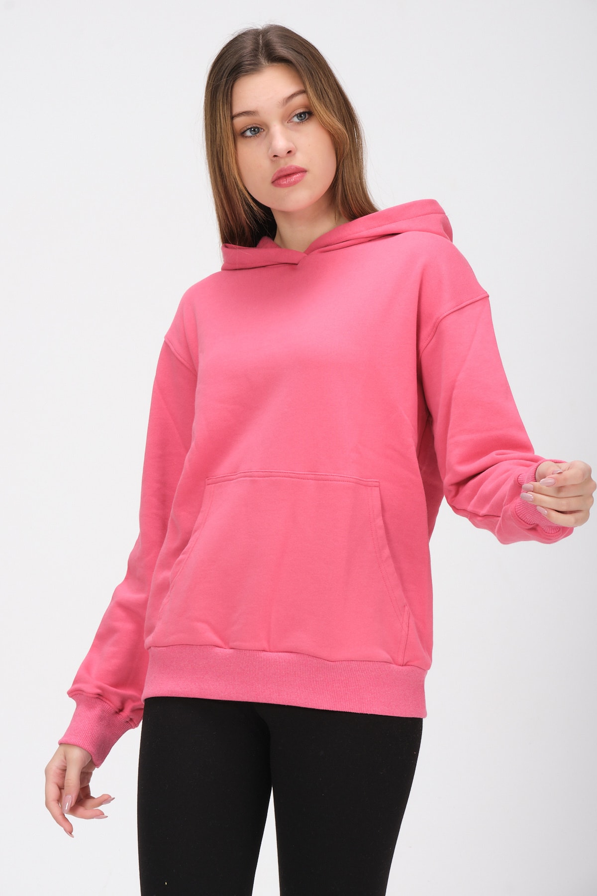 Kadın Gri Kapüşonlu Içi Polarlı Oversize Sweat