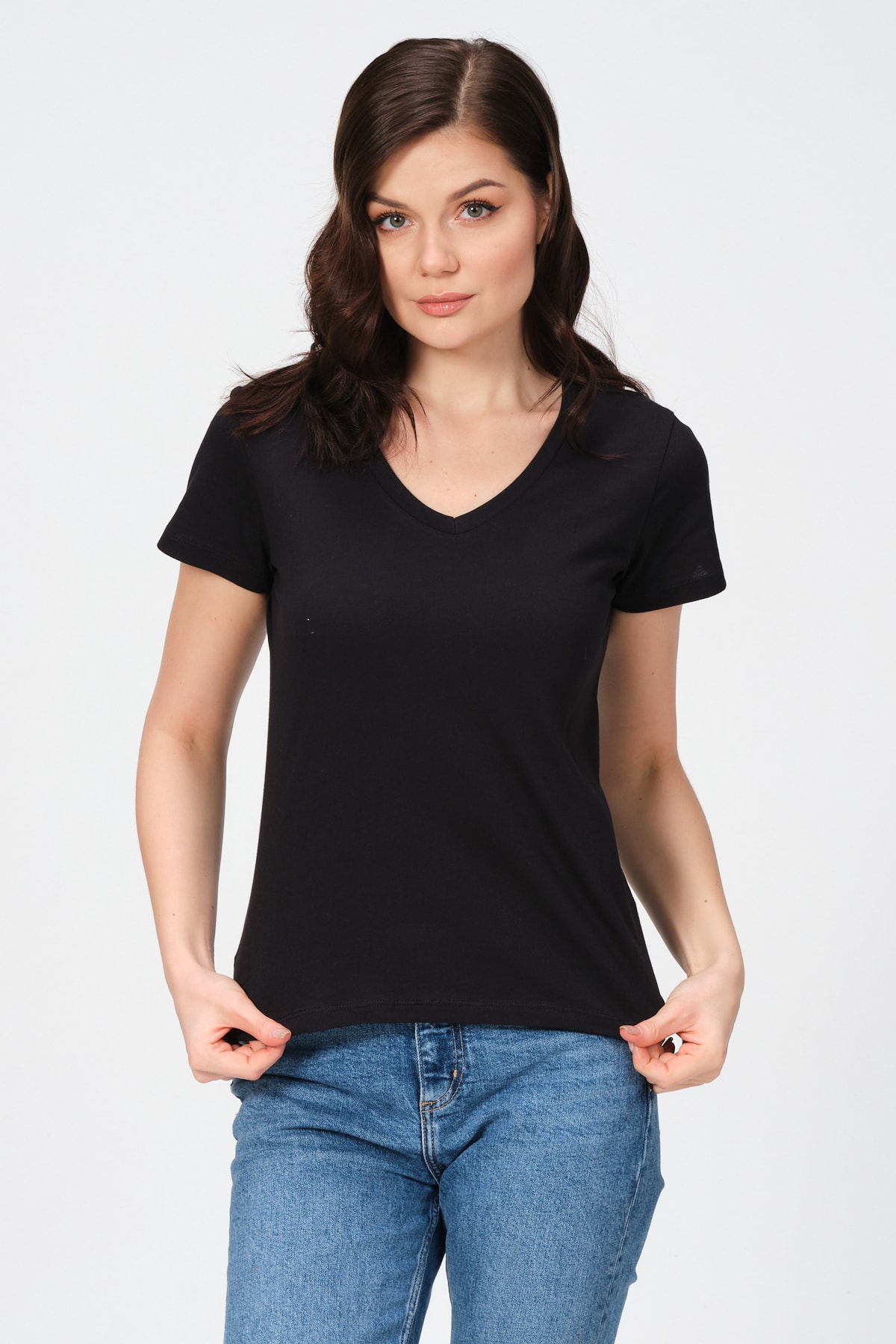 Kadın Beyaz V Yaka Pamuk Tam Boy Basıc T-shirt