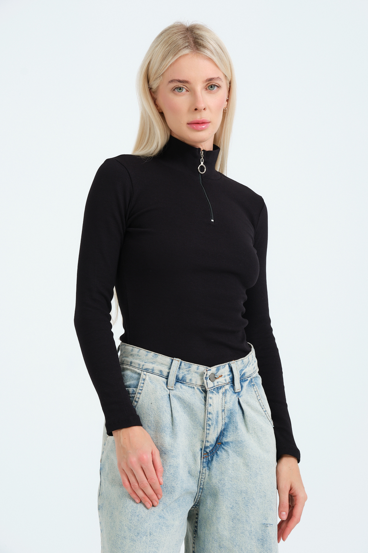 Kadın Lacivert Fermuarlı Yaka Uzun Kollu Örme Bluz