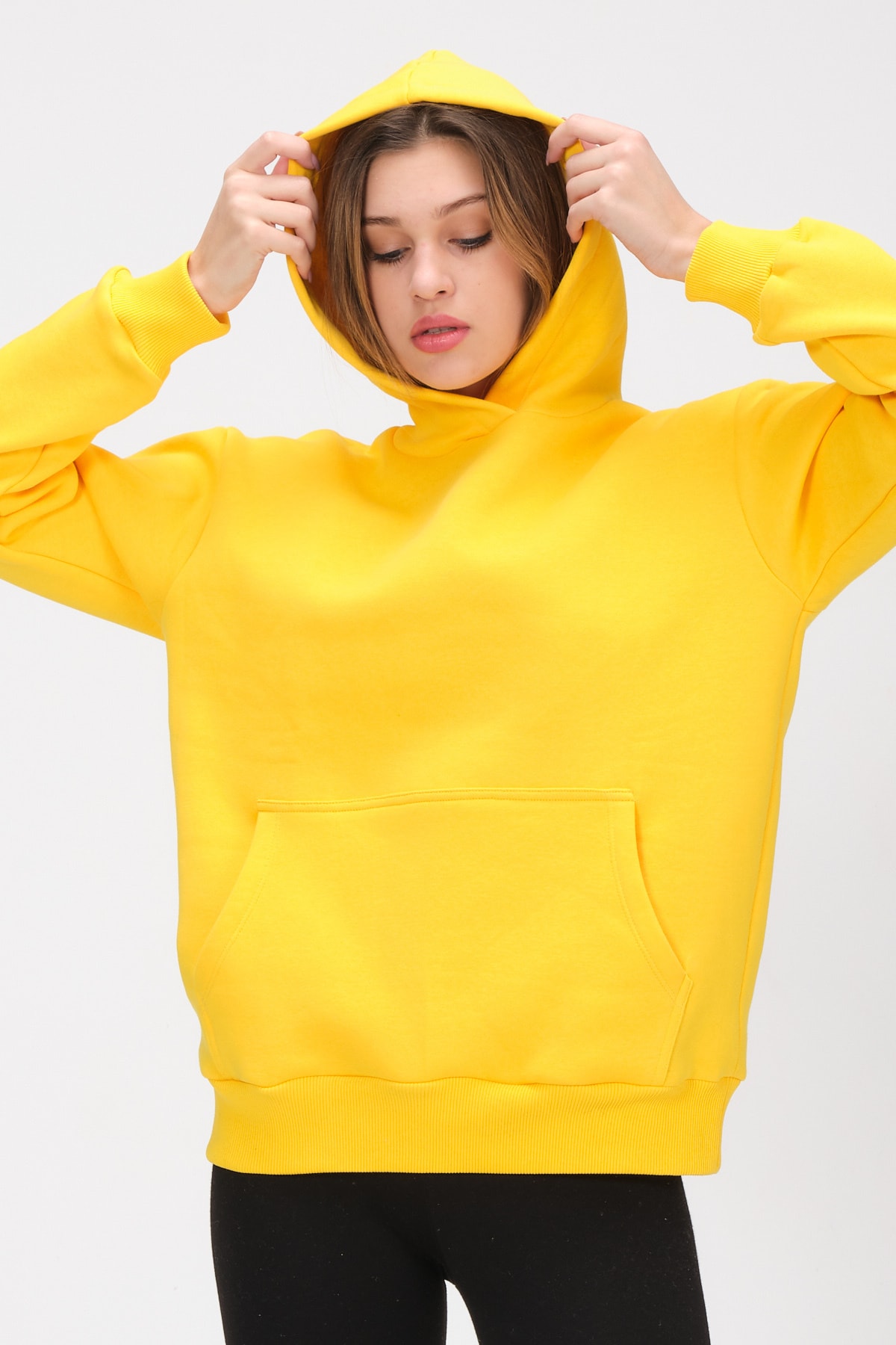 Kadın Sarı Kapüşonlu Içi Polarlı Kanguru Cep Oversize Sweatshirt