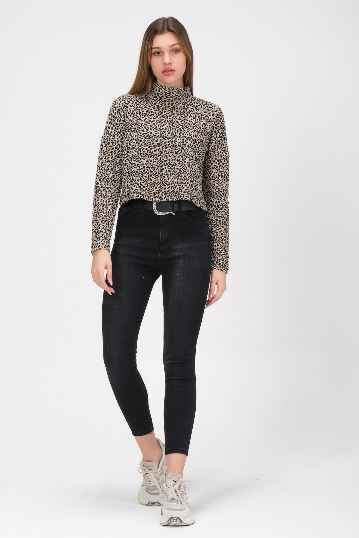 Kadın Leopar Kare Dikiş Detaylı Dik Yaka Bluz