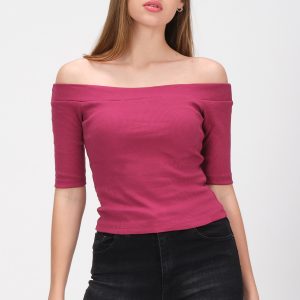 Kadın Mürdüm Kayık Yaka Kaşkorse T-shirt