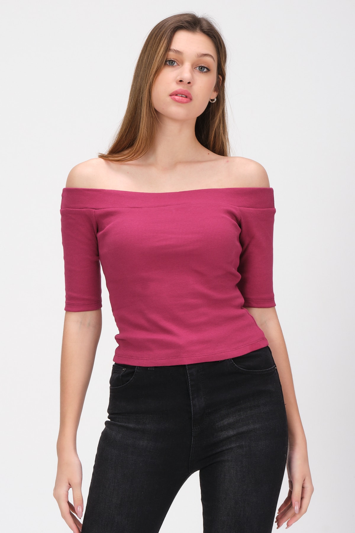 Kadın Mürdüm Kayık Yaka Kaşkorse T-shirt