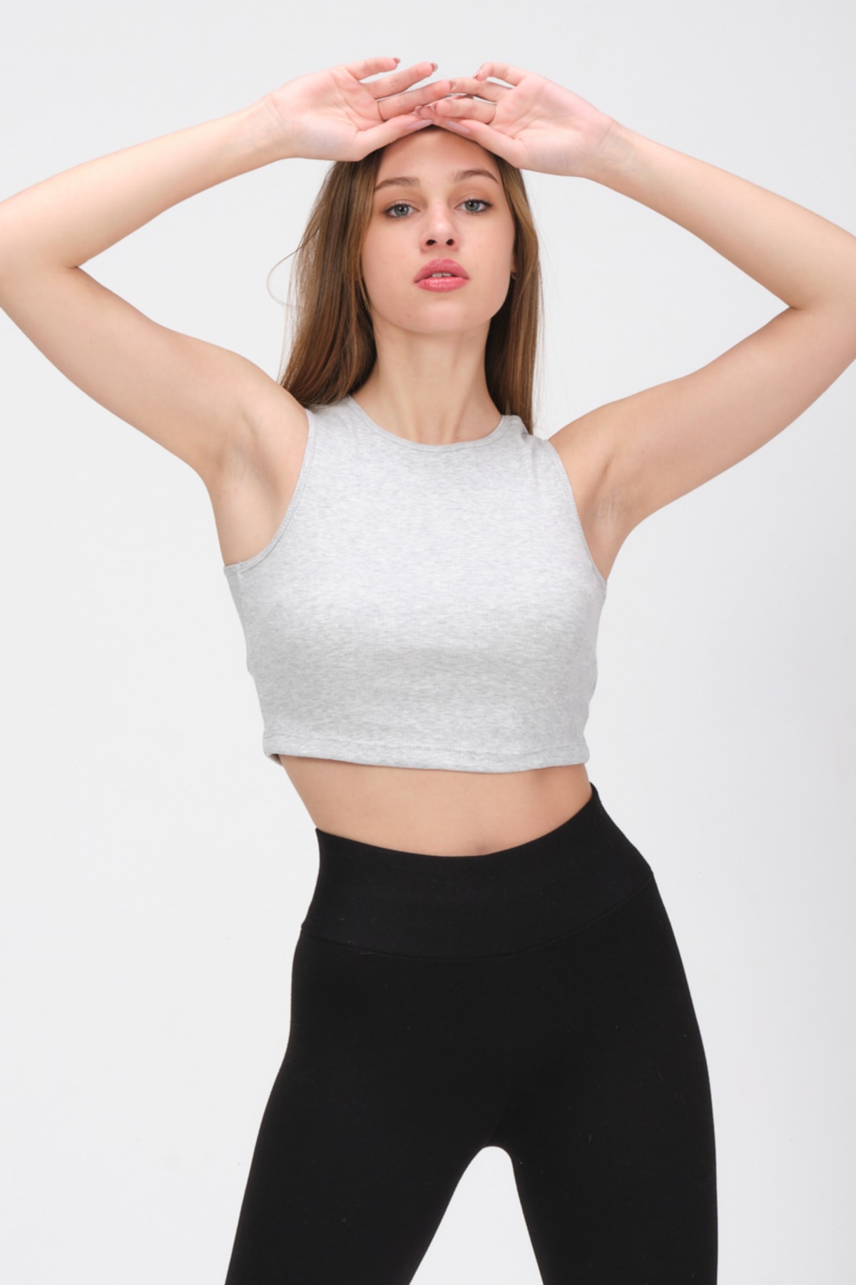 Kadın Mavi Bisiklet Yaka Crop Top Kolsuz Kaşkorse  T-Shirt