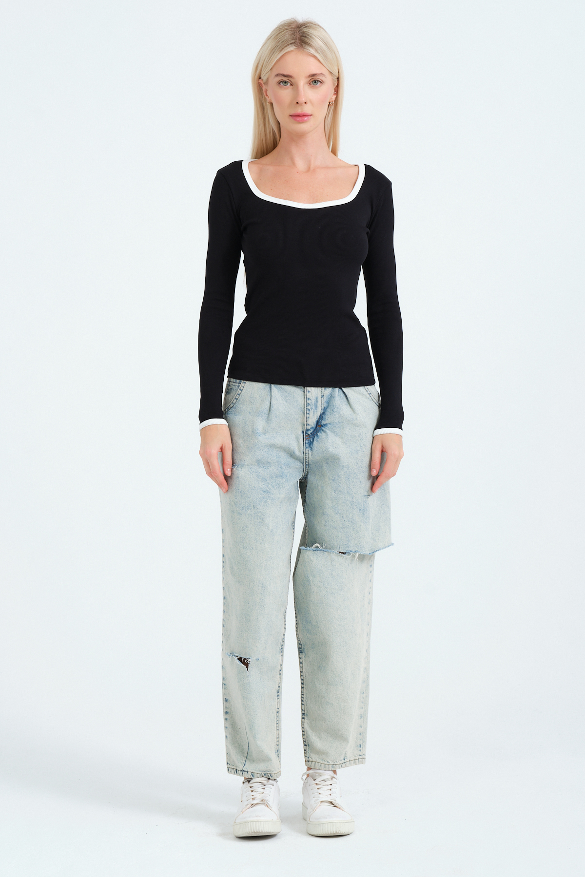 Kadın Beyaz, Derin Kare Yaka, Kol ve Yaka Renk Detaylı, Uzun Kollu, Bluz