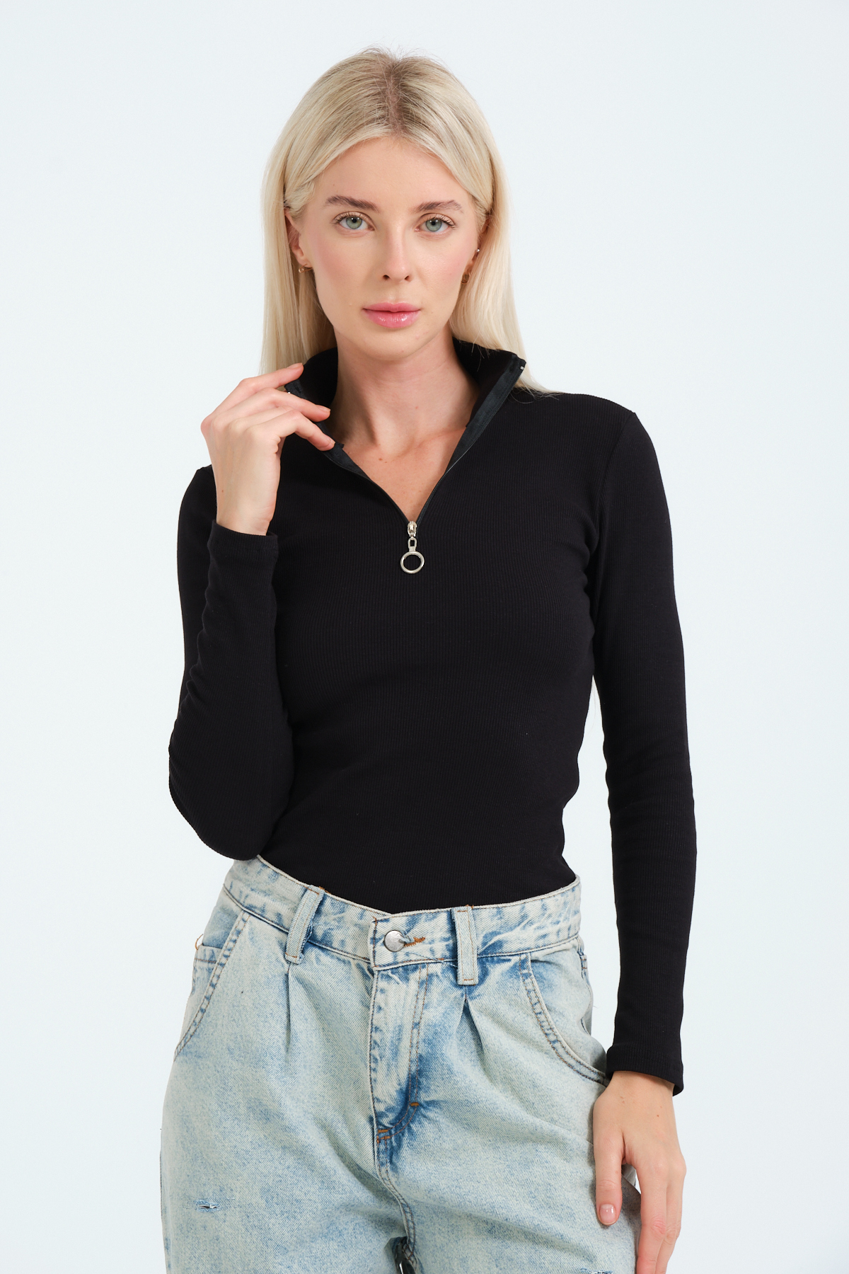 Kadın Lacivert Fermuarlı Yaka Uzun Kollu Örme Bluz