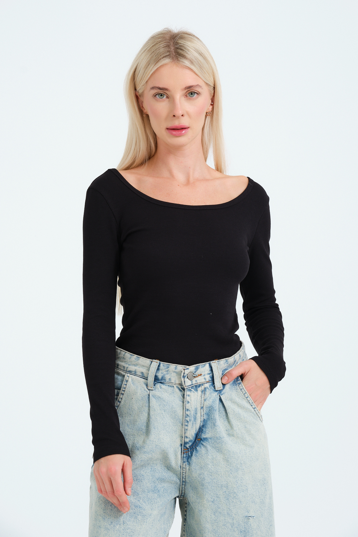 Kadın Kahverengi Geniş Yakalı Uzun Kollu Bluz