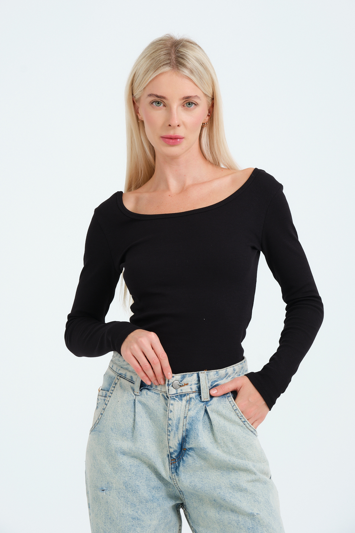 Kadın Kahverengi Geniş Yakalı Uzun Kollu Bluz