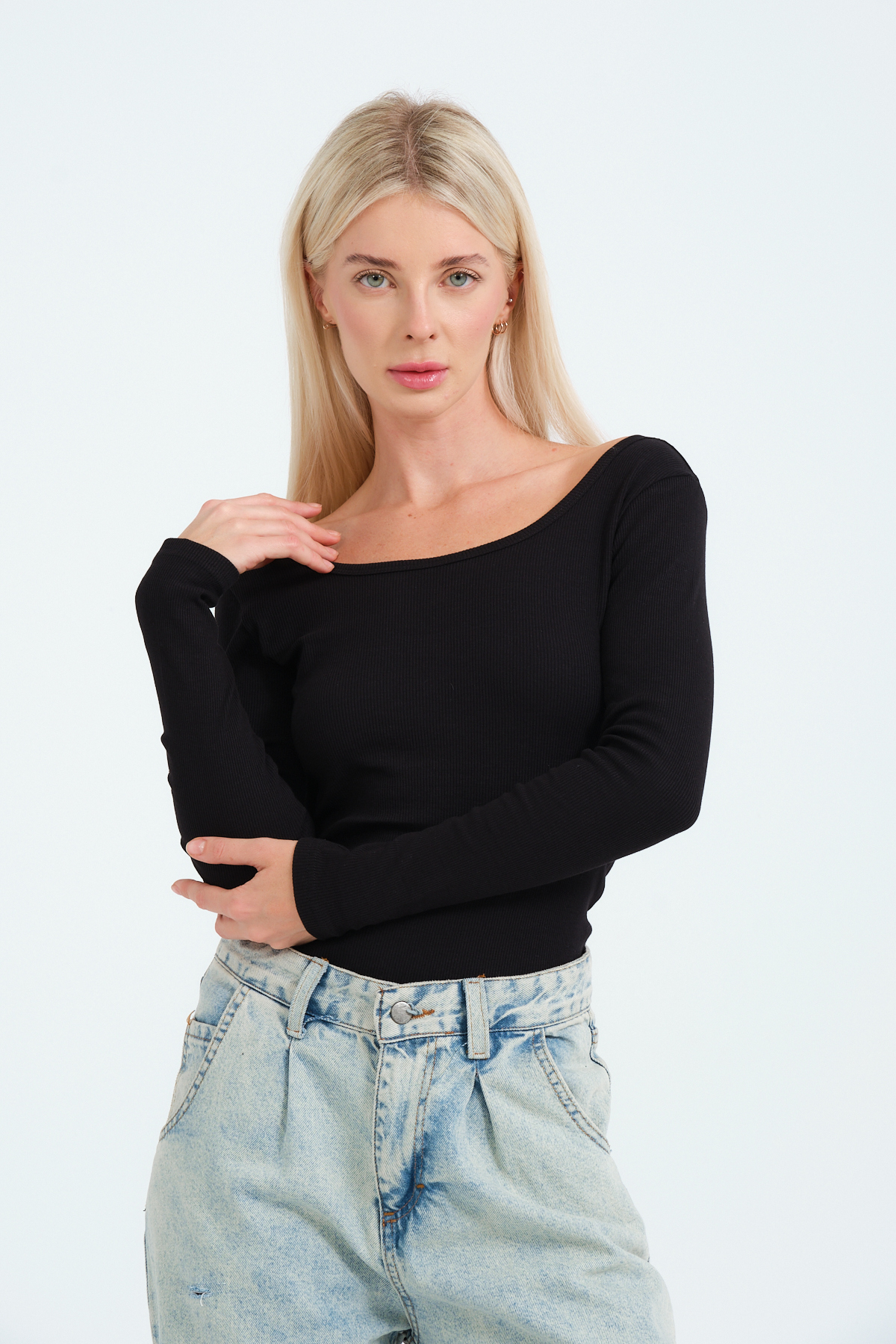 Kadın Kahverengi Geniş Yakalı Uzun Kollu Bluz