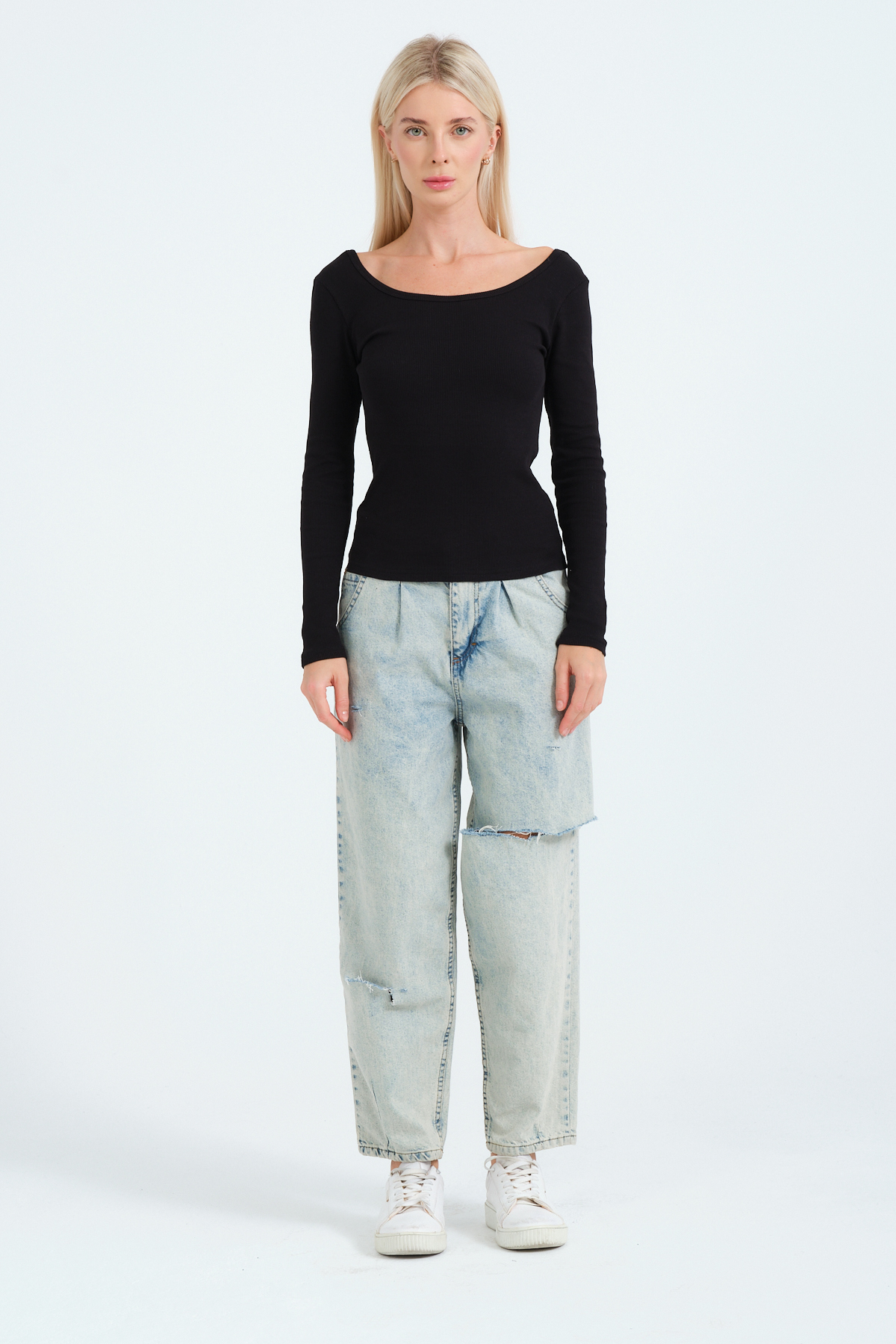 Kadın Kahverengi Geniş Yakalı Uzun Kollu Bluz