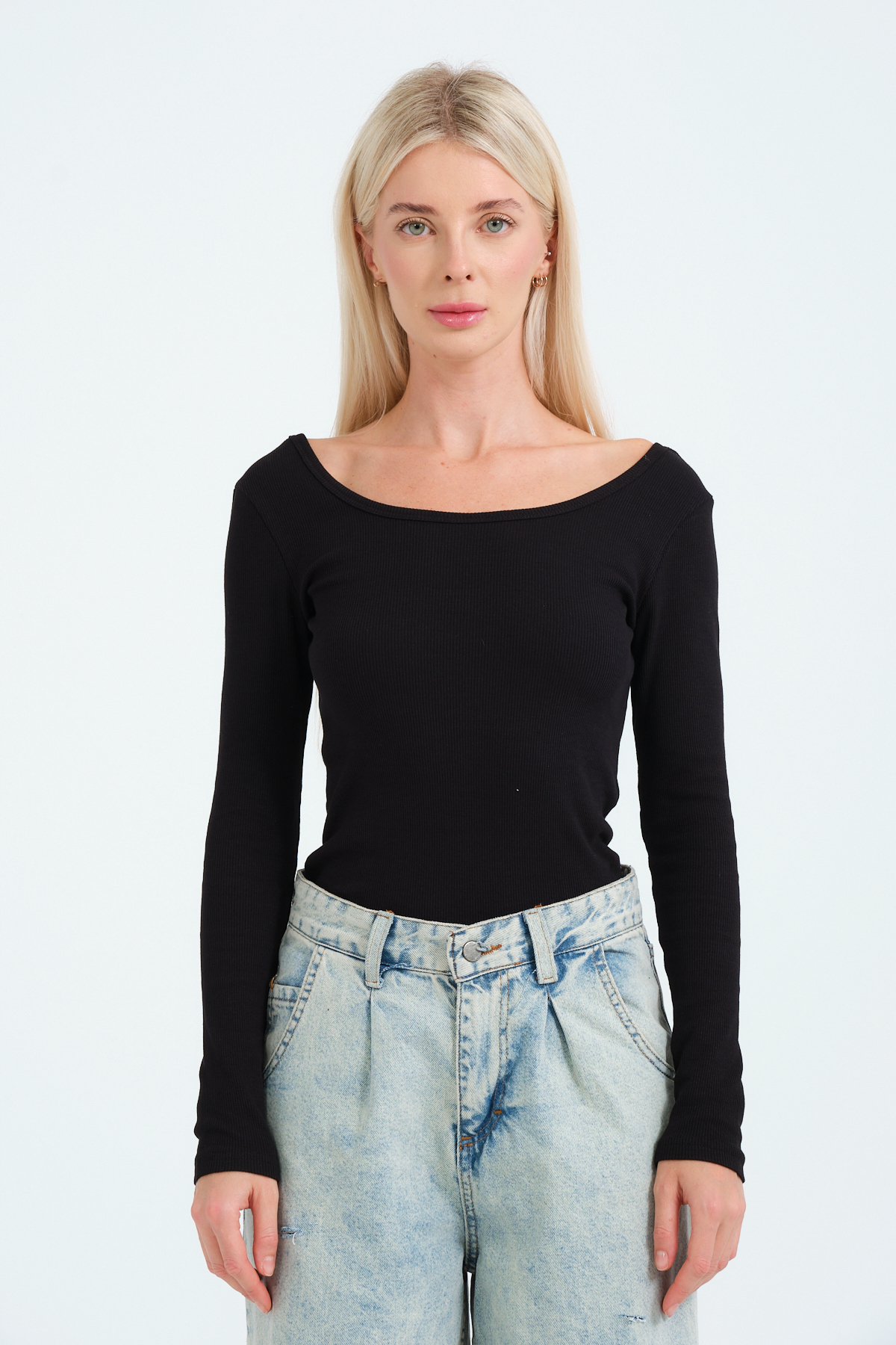 Kadın Kahverengi Geniş Yakalı Uzun Kollu Bluz