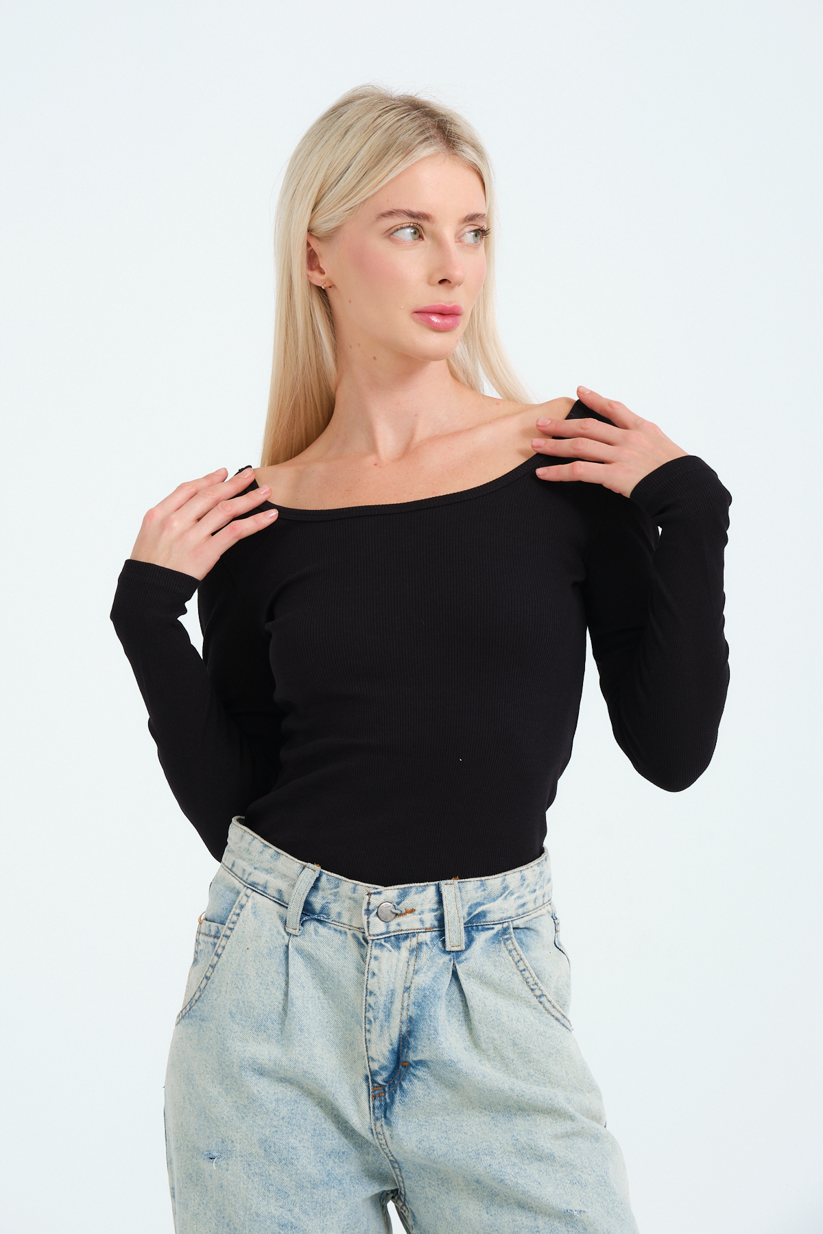 Kadın Kahverengi Geniş Yakalı Uzun Kollu Bluz