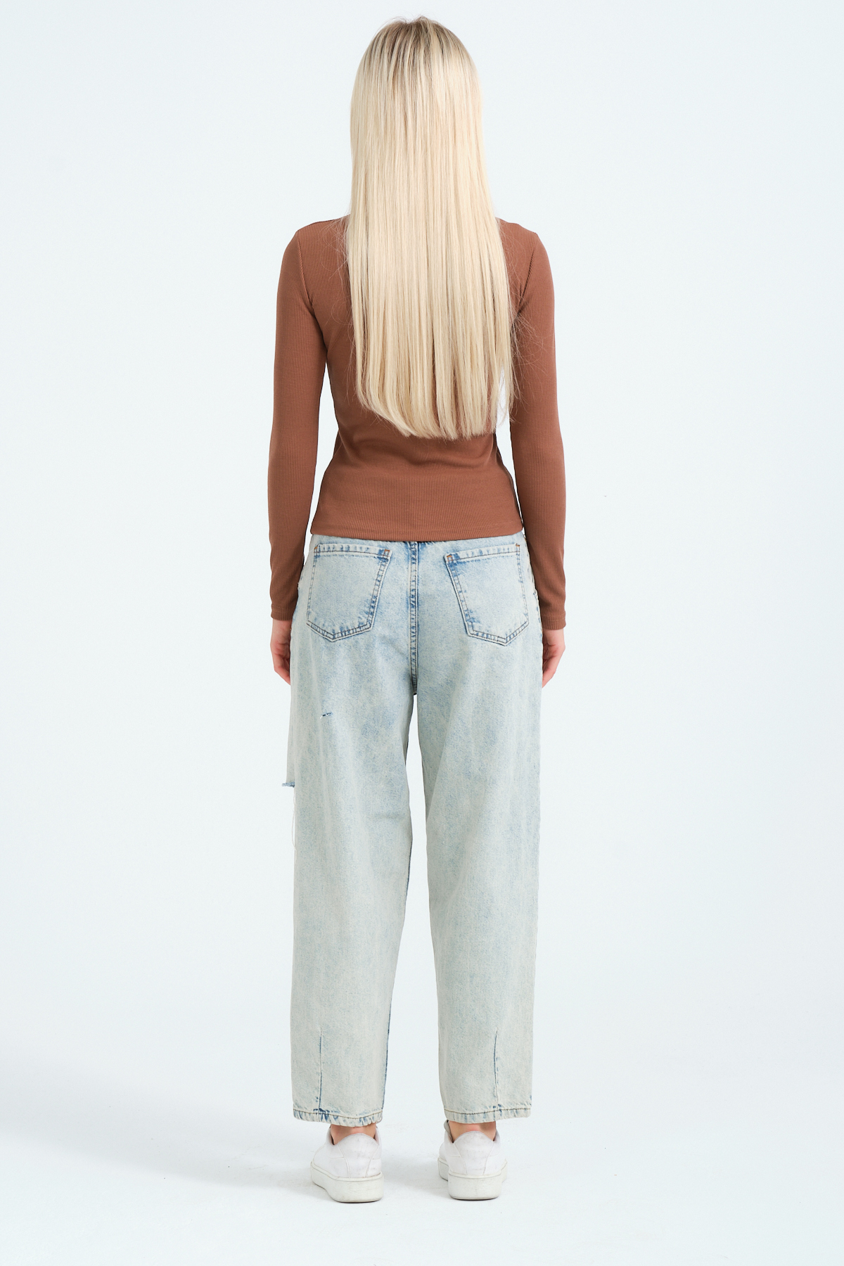 Kadın Kahverengi Cut Out Detaylı Balıkçı Yaka Fitilli Örme Bluz