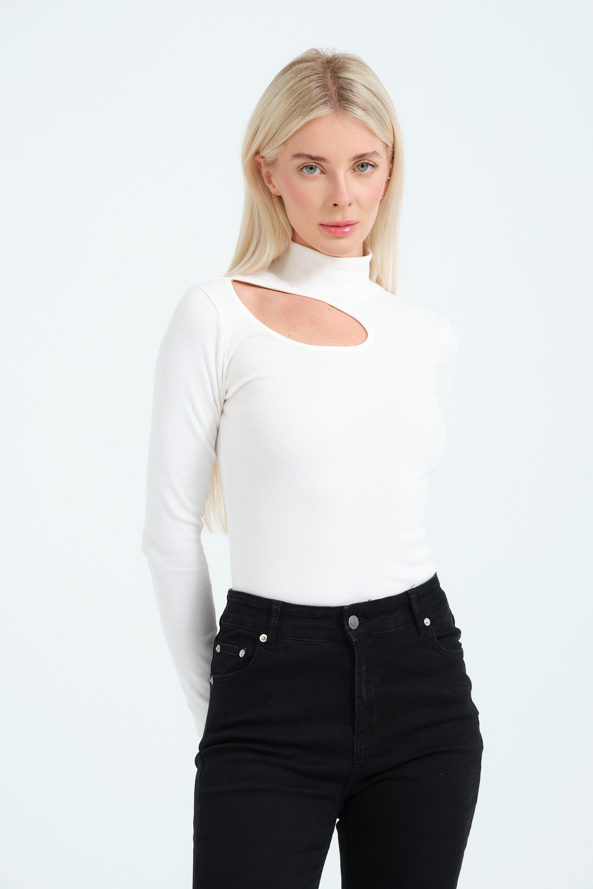 Kadın Kahverengi Cut Out Detaylı Balıkçı Yaka Fitilli Örme Bluz