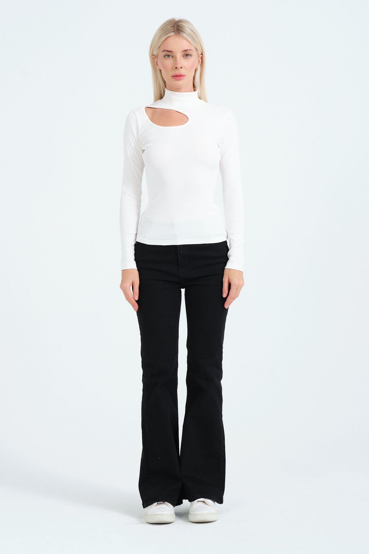 Kadın Kahverengi Cut Out Detaylı Balıkçı Yaka Fitilli Örme Bluz