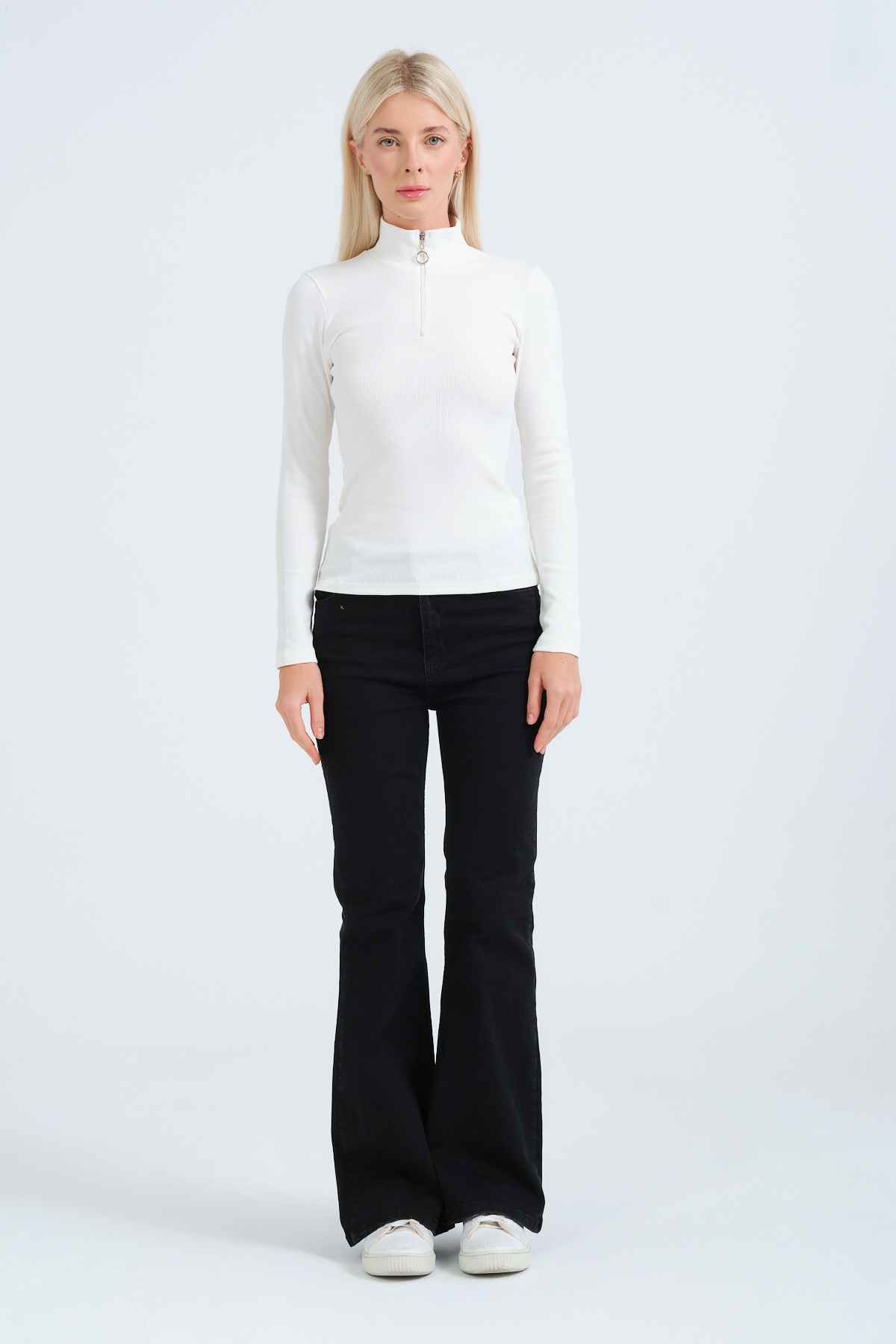 Kadın Lacivert Fermuarlı Yaka Uzun Kollu Örme Bluz