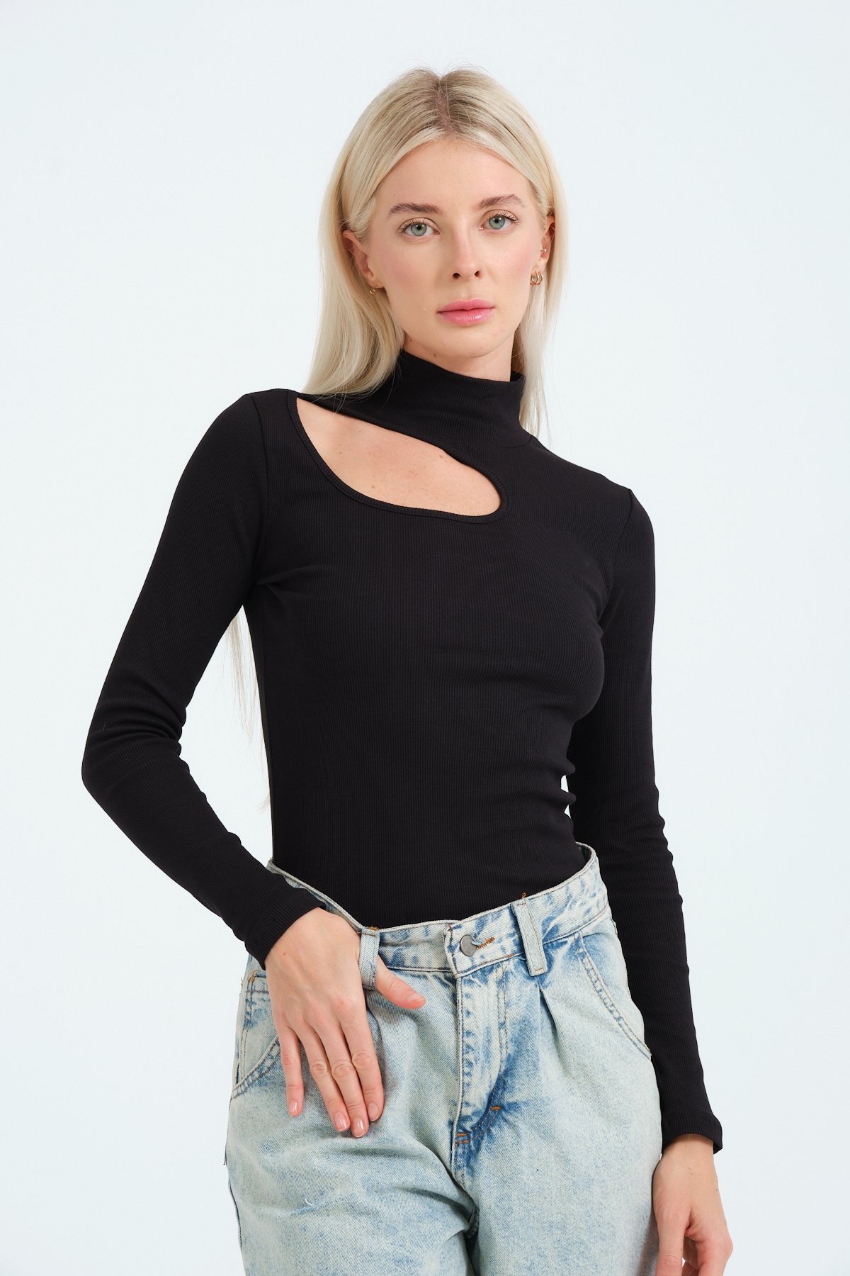 Kadın Kahverengi Cut Out Detaylı Balıkçı Yaka Fitilli Örme Bluz