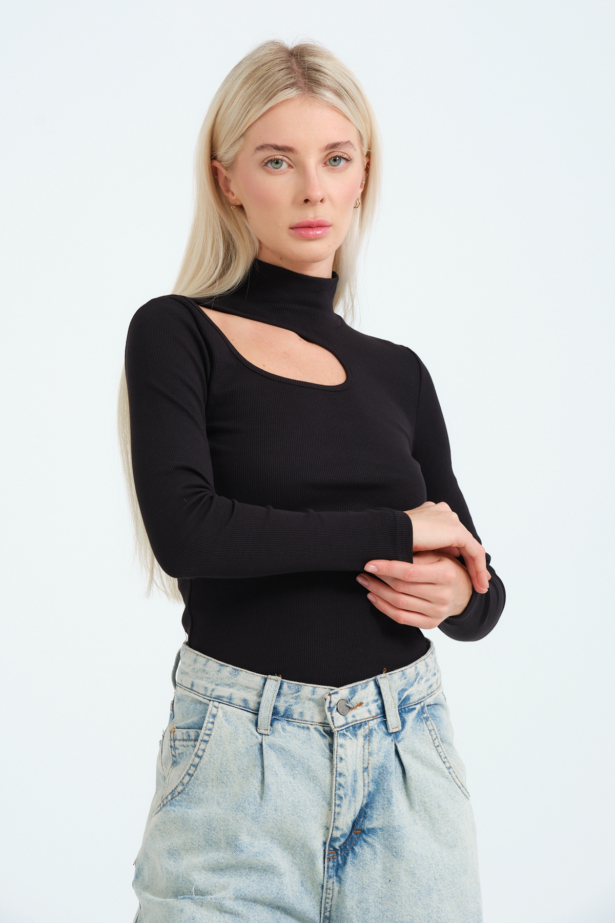 Kadın Kahverengi Cut Out Detaylı Balıkçı Yaka Fitilli Örme Bluz