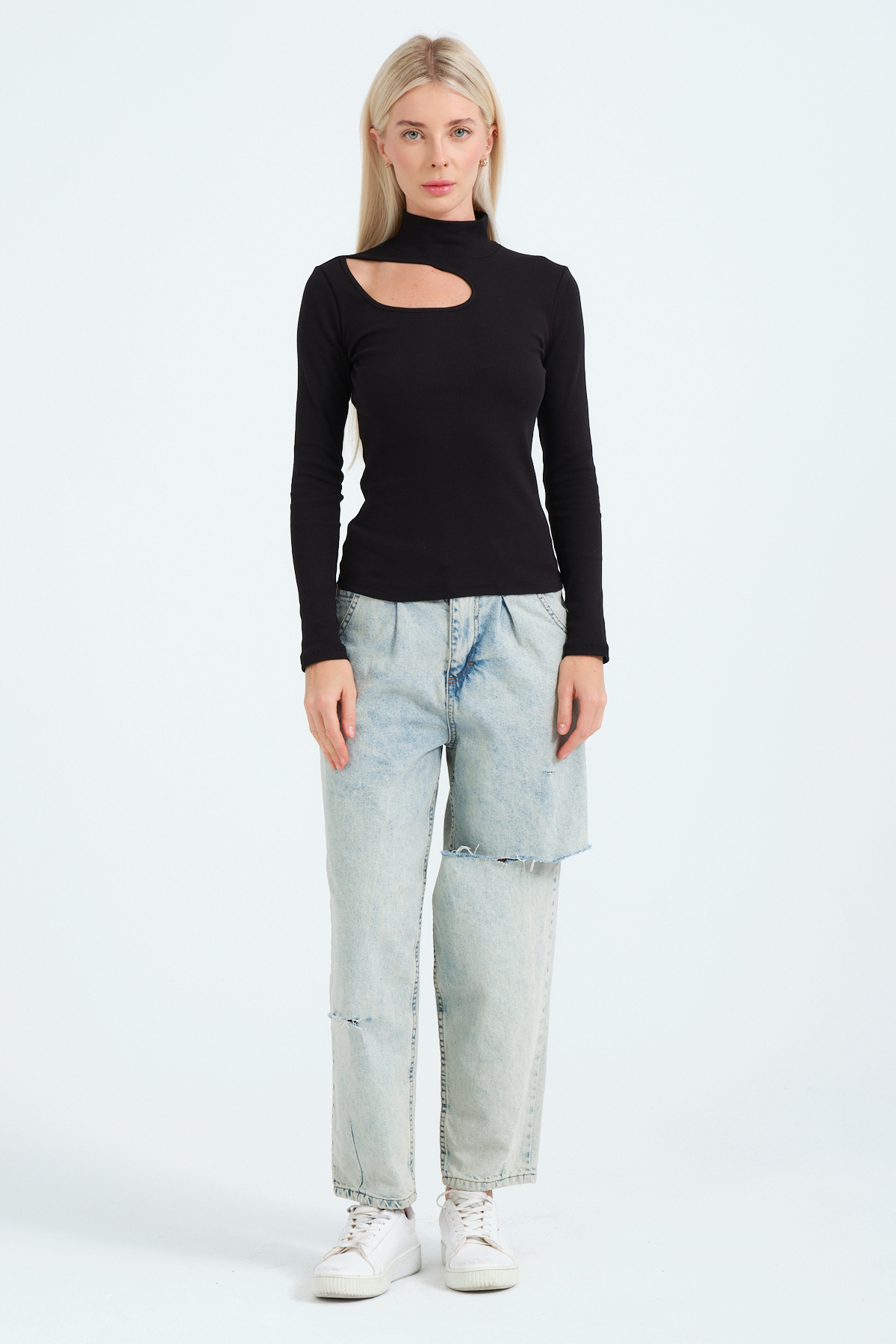 Kadın Kahverengi Cut Out Detaylı Balıkçı Yaka Fitilli Örme Bluz