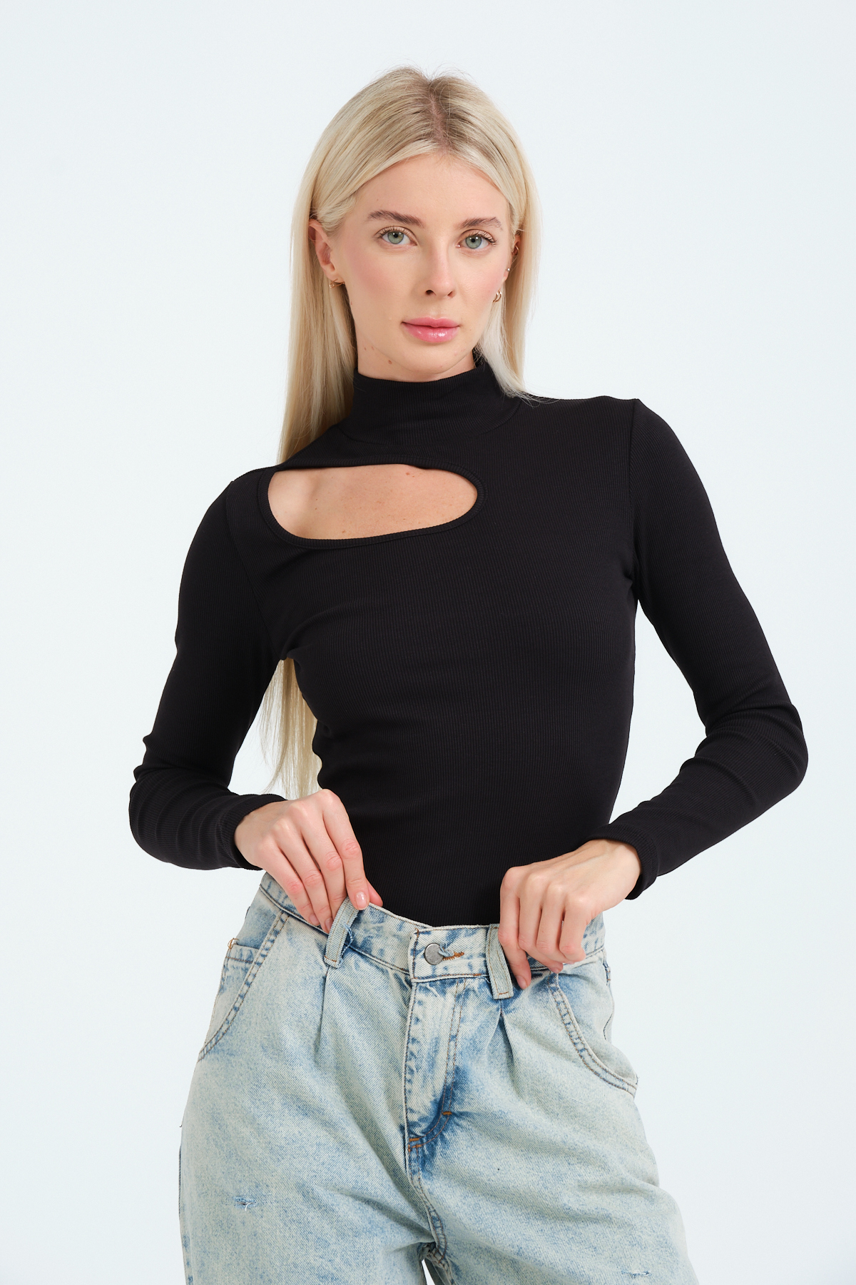 Kadın Kahverengi Cut Out Detaylı Balıkçı Yaka Fitilli Örme Bluz