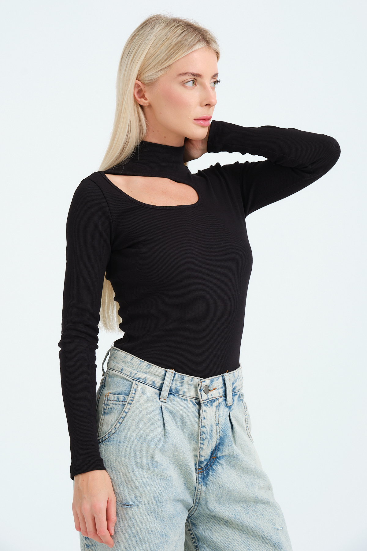 Kadın Kahverengi Cut Out Detaylı Balıkçı Yaka Fitilli Örme Bluz