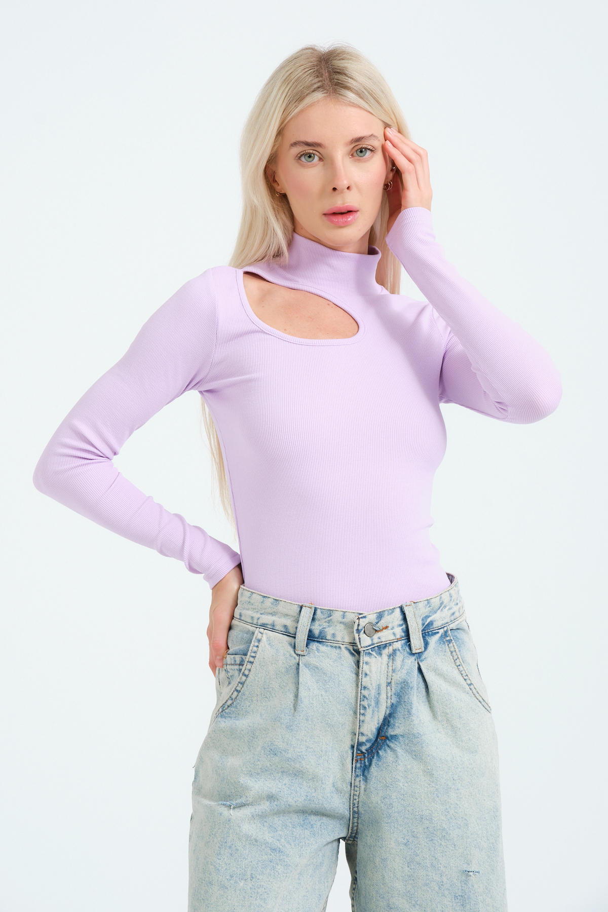 Kadın Kahverengi Cut Out Detaylı Balıkçı Yaka Fitilli Örme Bluz