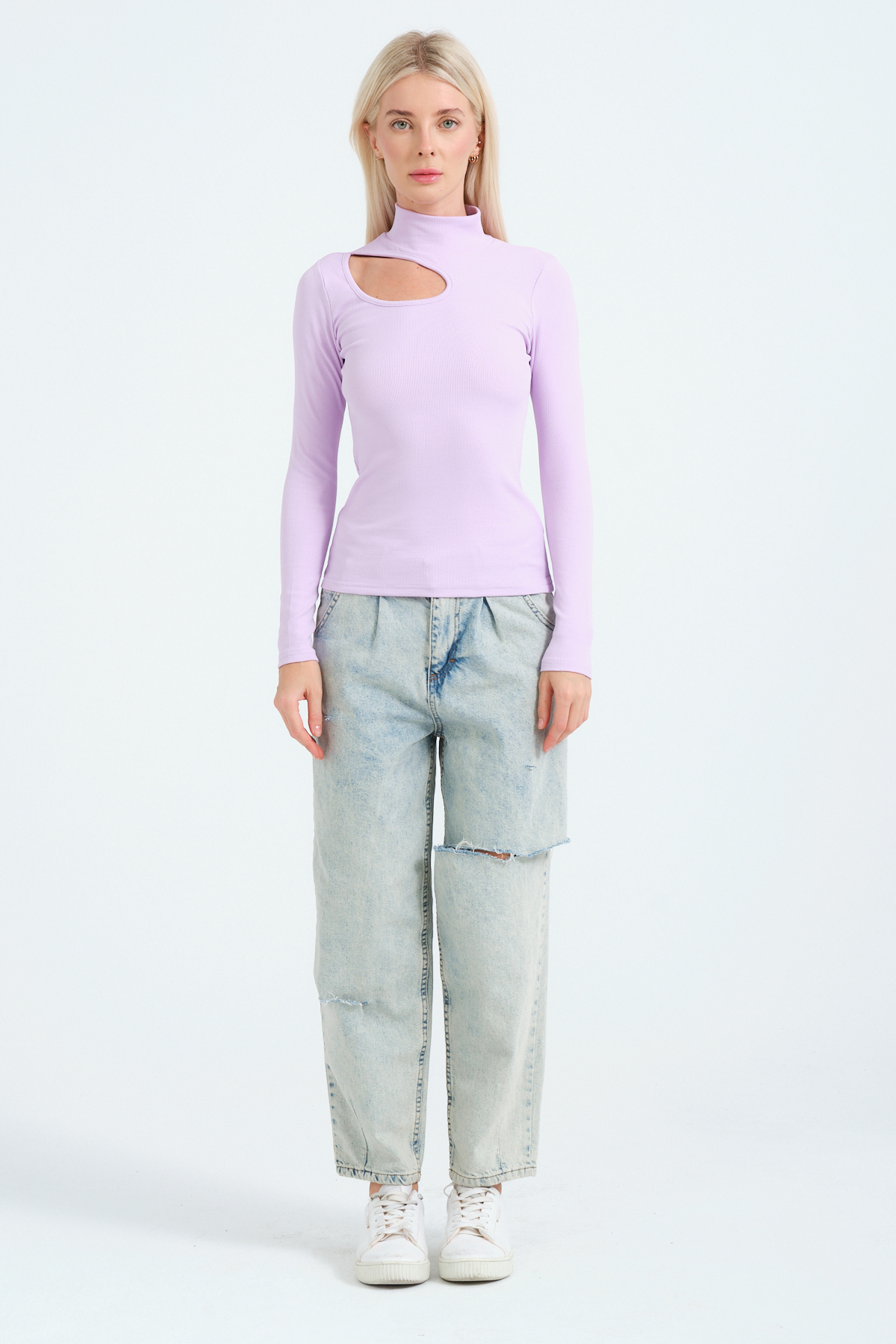 Kadın Kahverengi Cut Out Detaylı Balıkçı Yaka Fitilli Örme Bluz