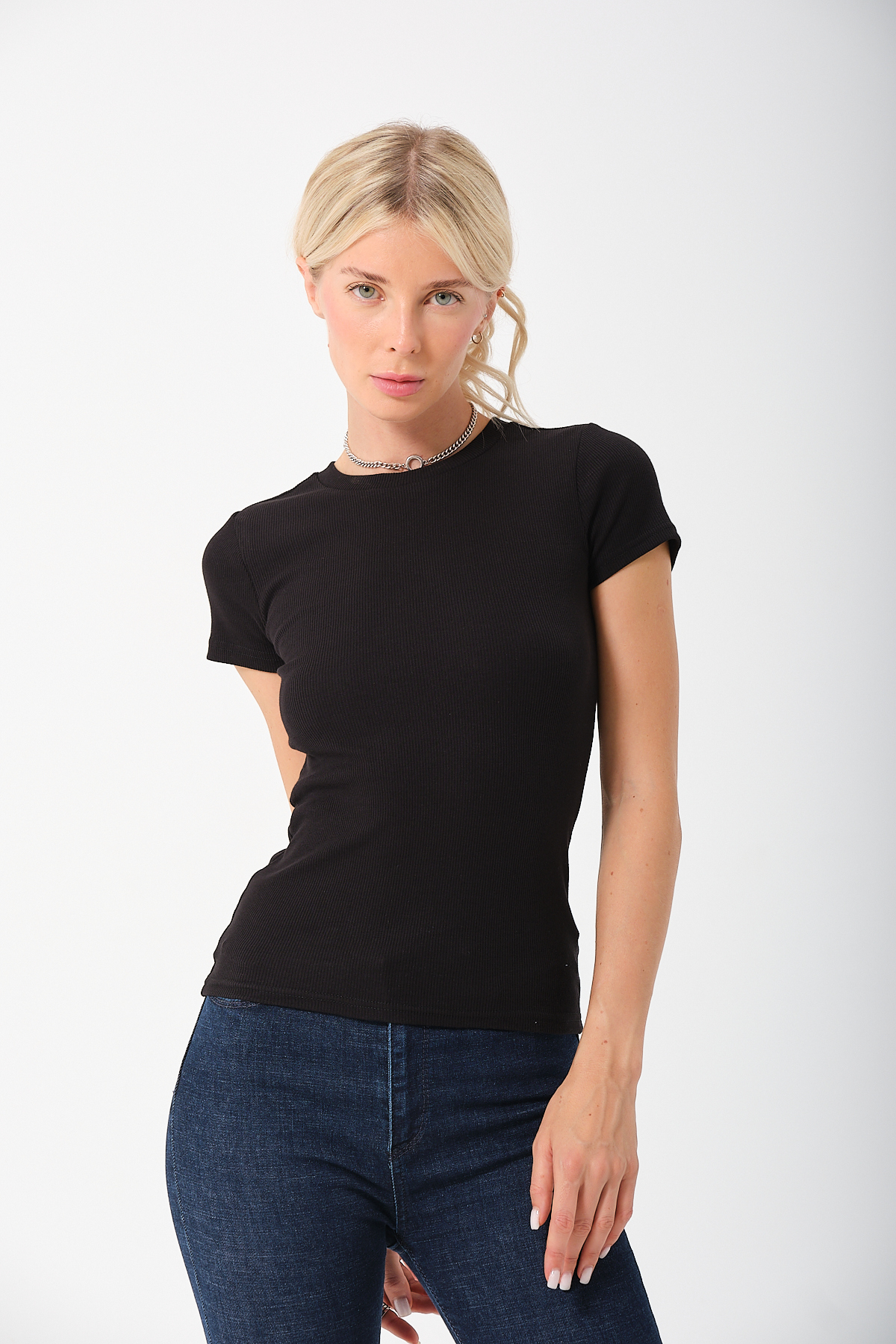 Kadın Siyah Kısa Kollu Tam Boy Basic Kaşkorse T-shirt