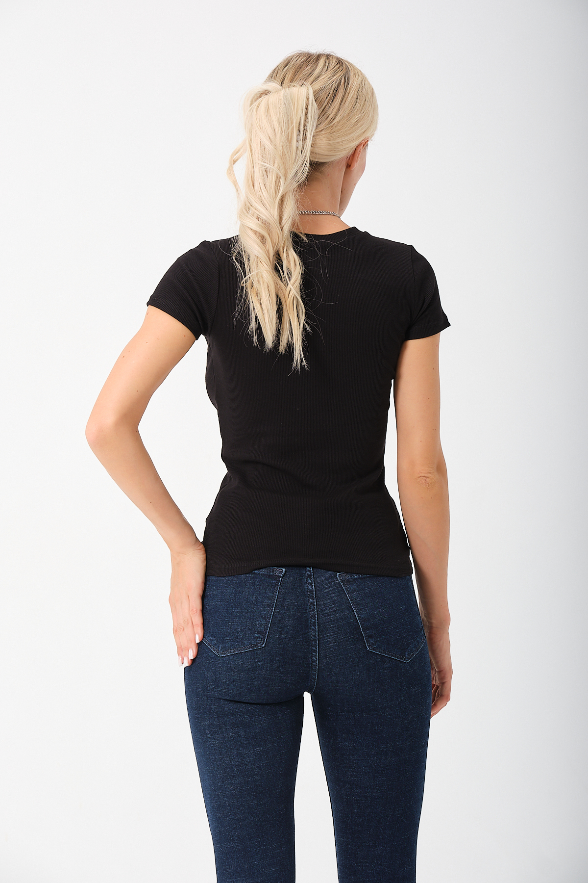 Kadın Siyah Kısa Kollu Tam Boy Basic Kaşkorse T-shirt