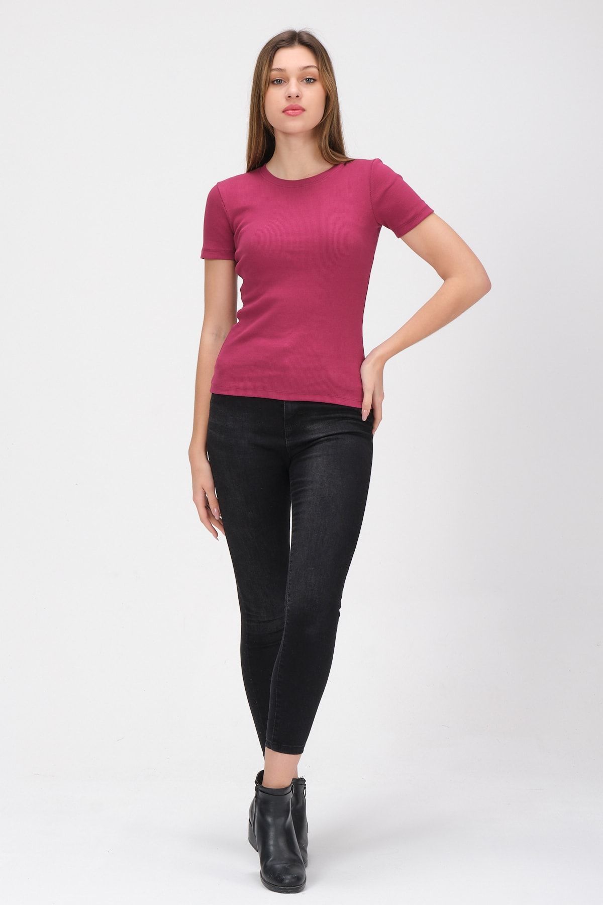 Kadın Siyah Kısa Kollu Tam Boy Basic Kaşkorse T-shirt