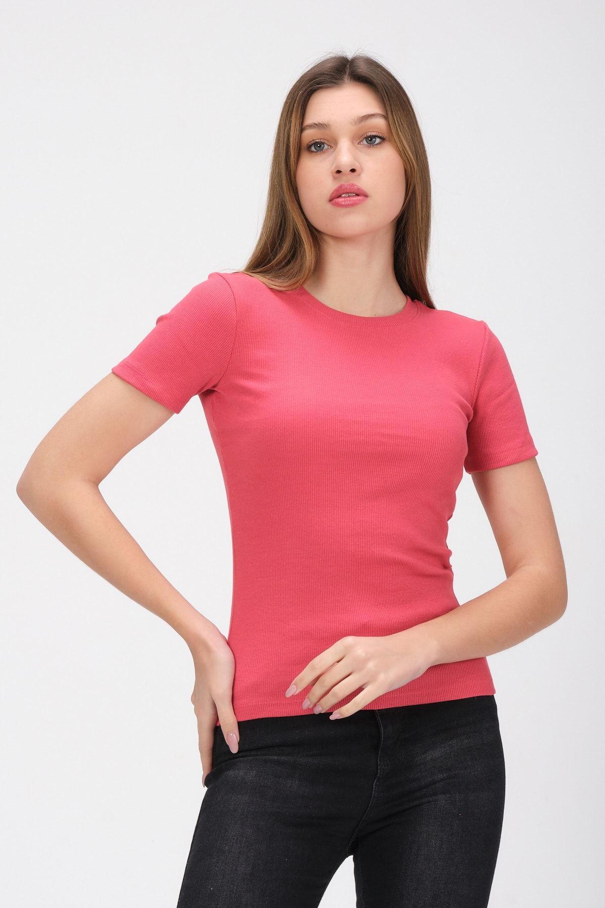 Kadın Siyah Kısa Kollu Tam Boy Basic Kaşkorse T-shirt