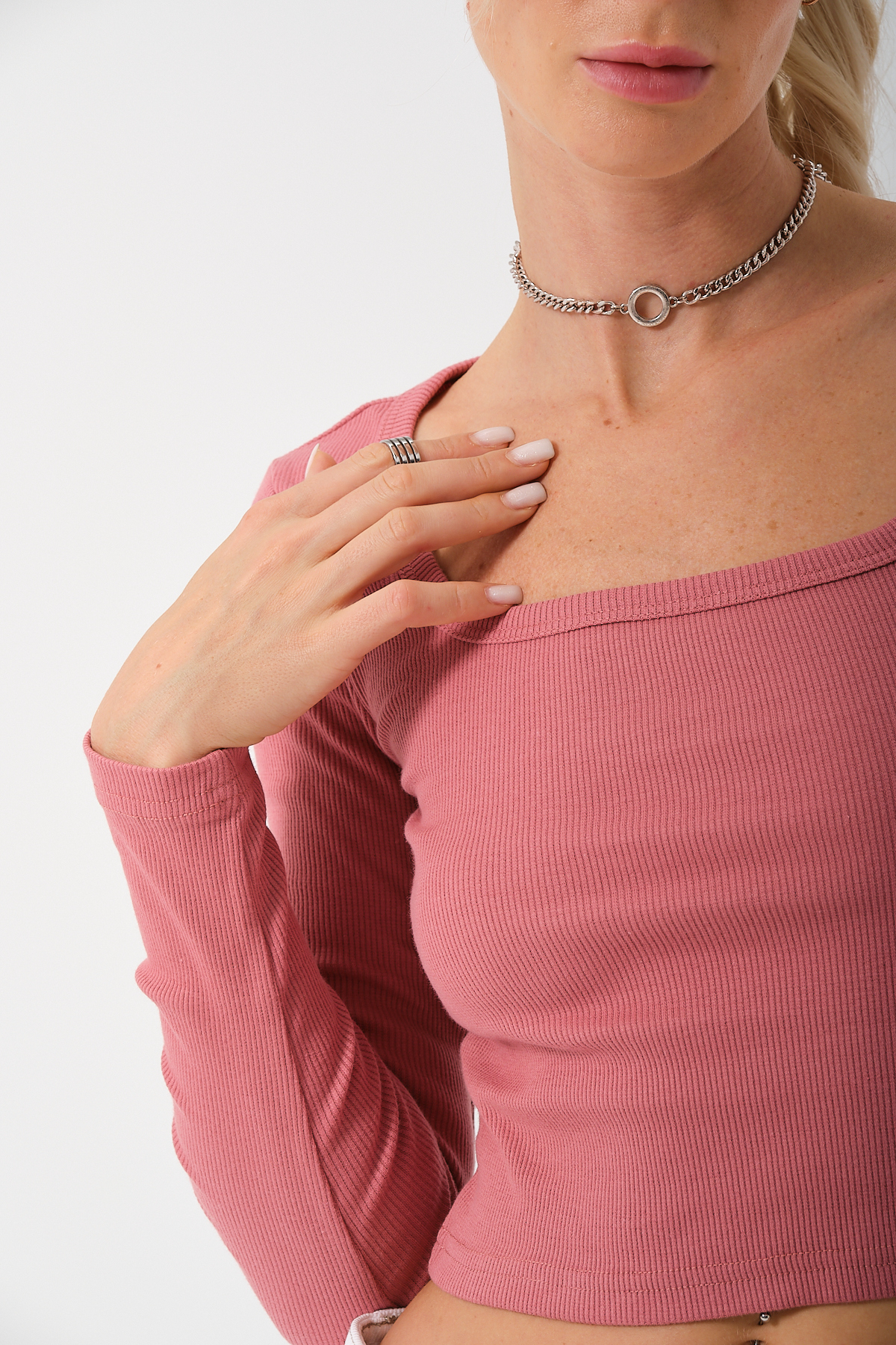 Kadın Gül Kurusu Uzun Kollu Kare Yaka Fitilli Bluz