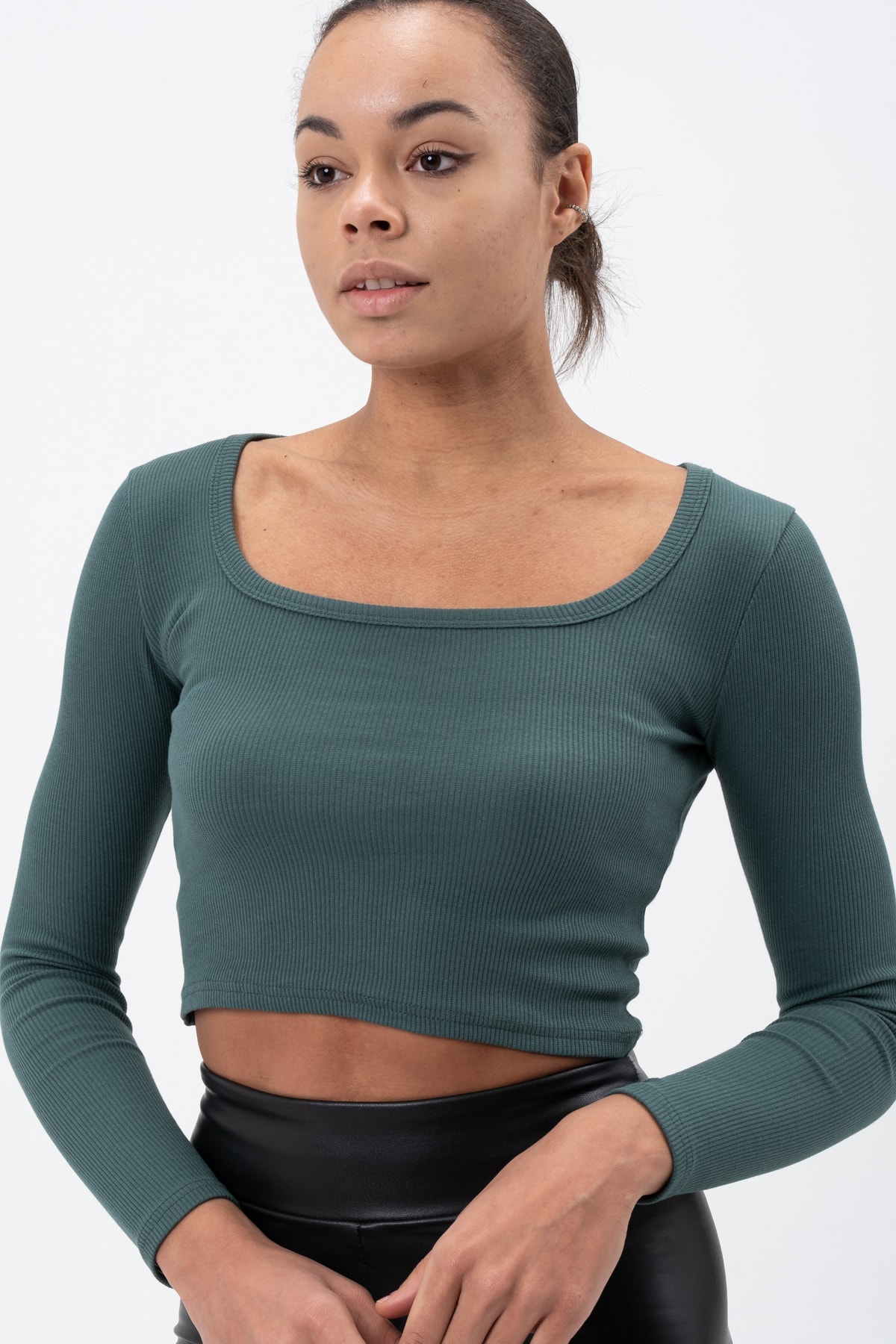 Kadın Gül Kurusu Uzun Kollu Kare Yaka Fitilli Bluz