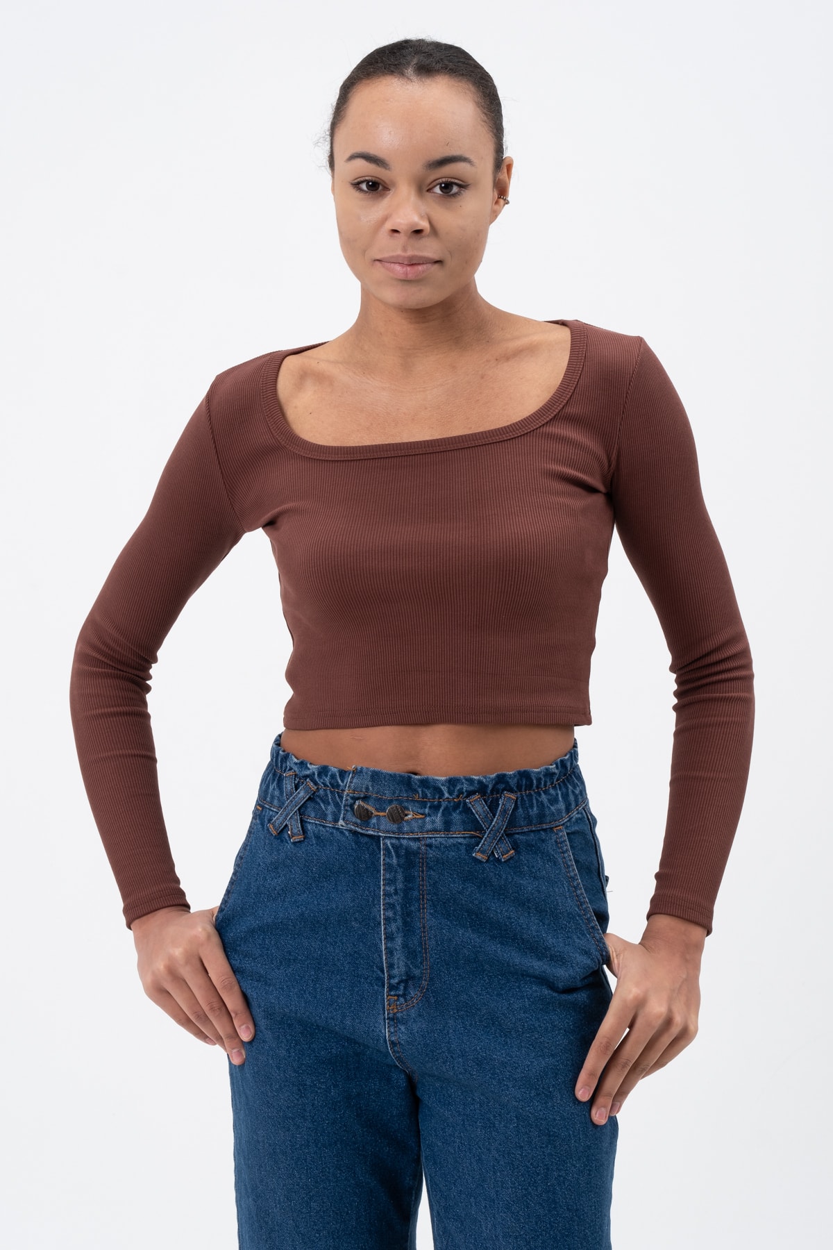 Kadın Gül Kurusu Uzun Kollu Kare Yaka Fitilli Bluz