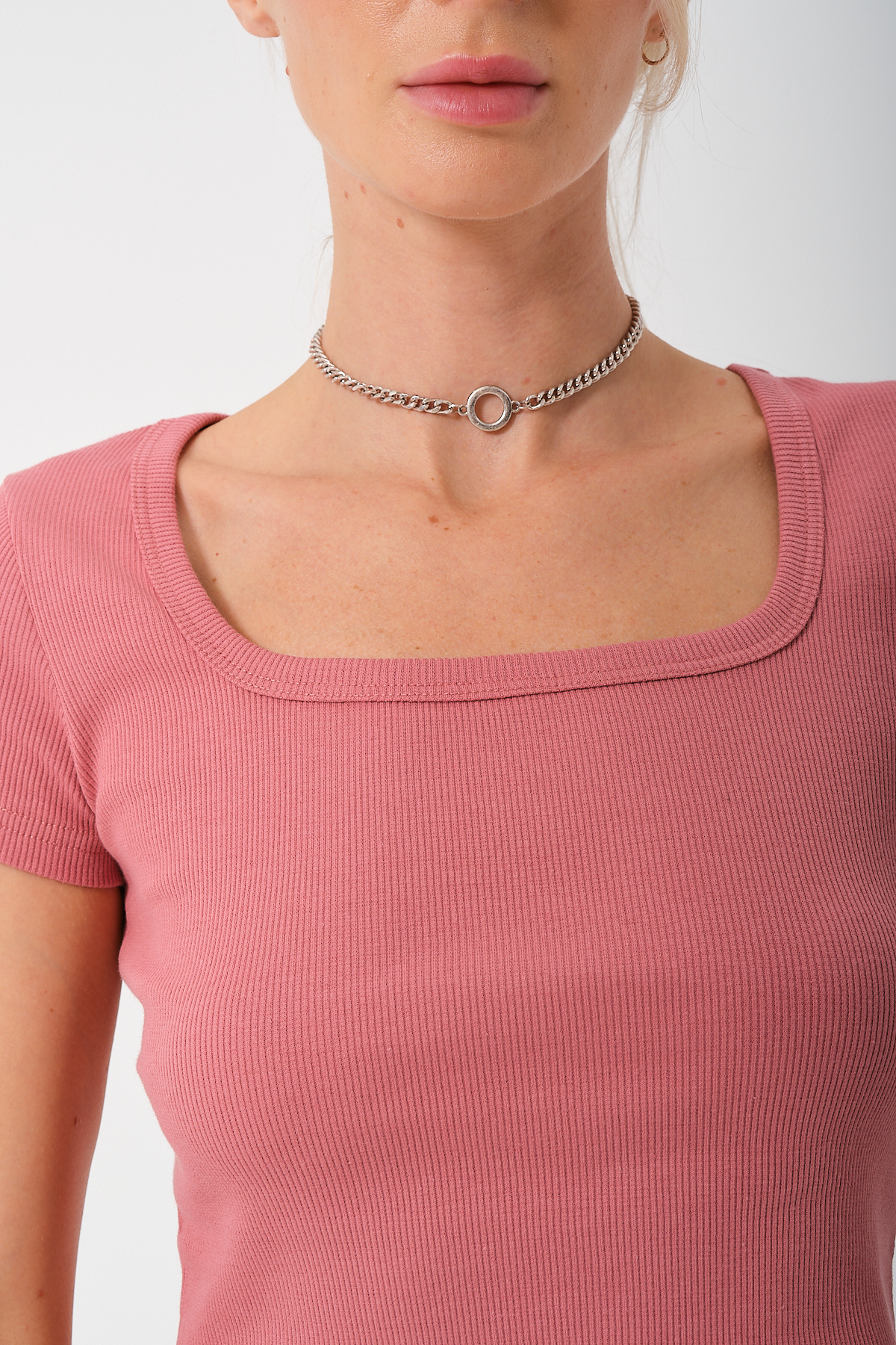 Kadın Sax Mavi U Yaka Kısa Kollu Crop Bluz